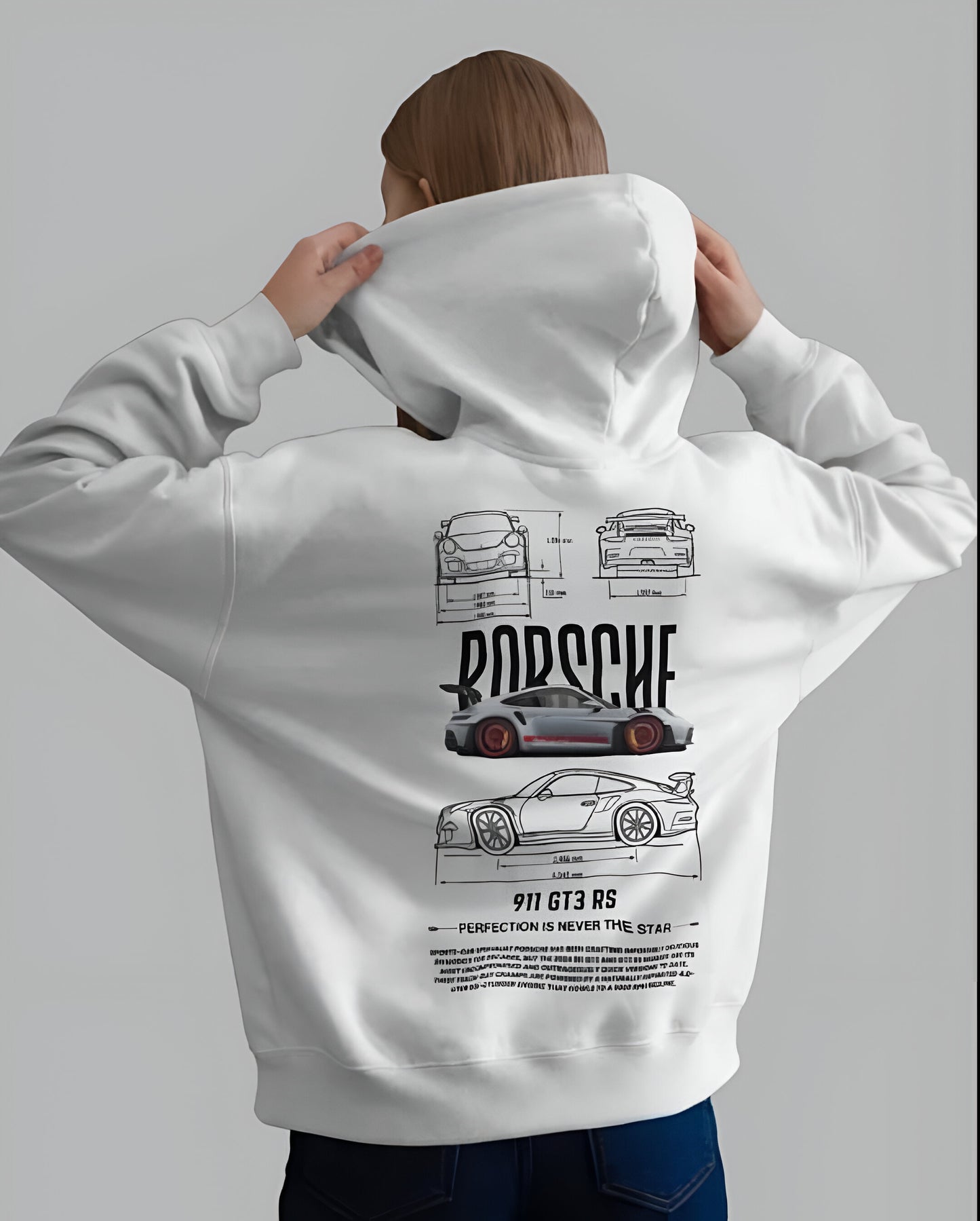 Men's White Porsche Hoodie with Car Schematics