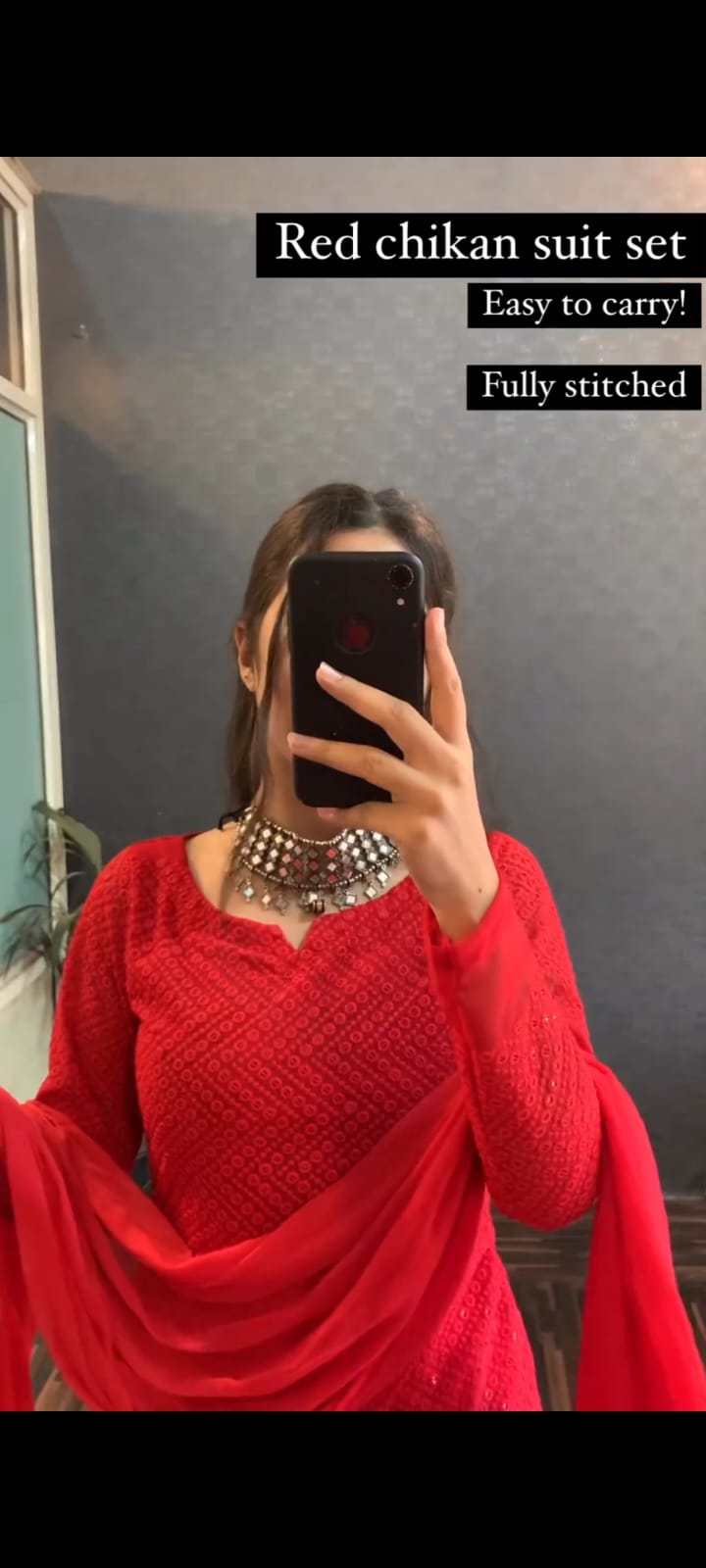 Red Chikankari embroidery with sequin highlights