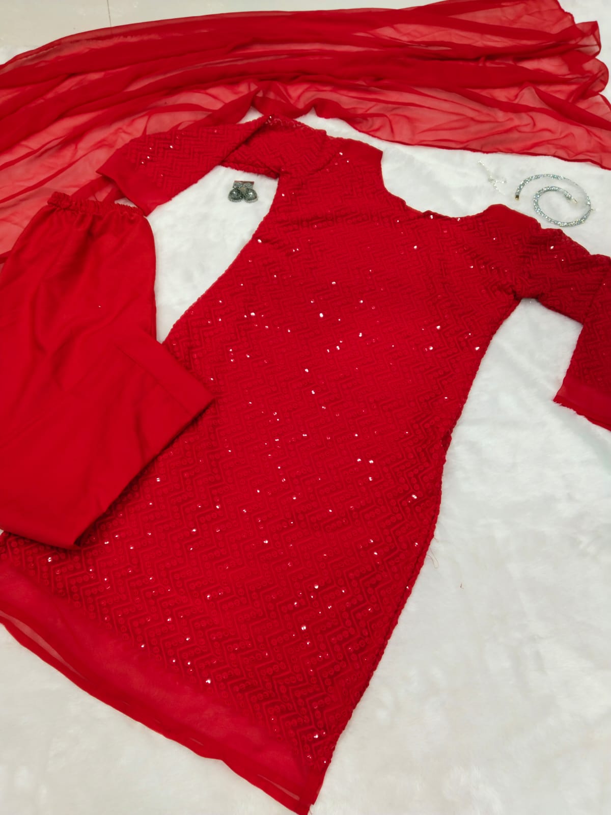 Red Chikankari embroidery with sequin highlights
