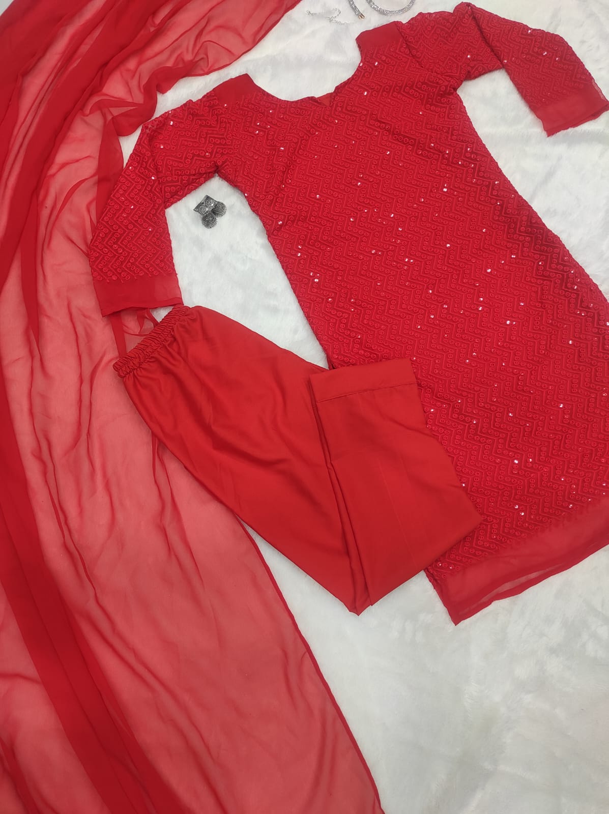 Red Chikankari embroidery with sequin highlights