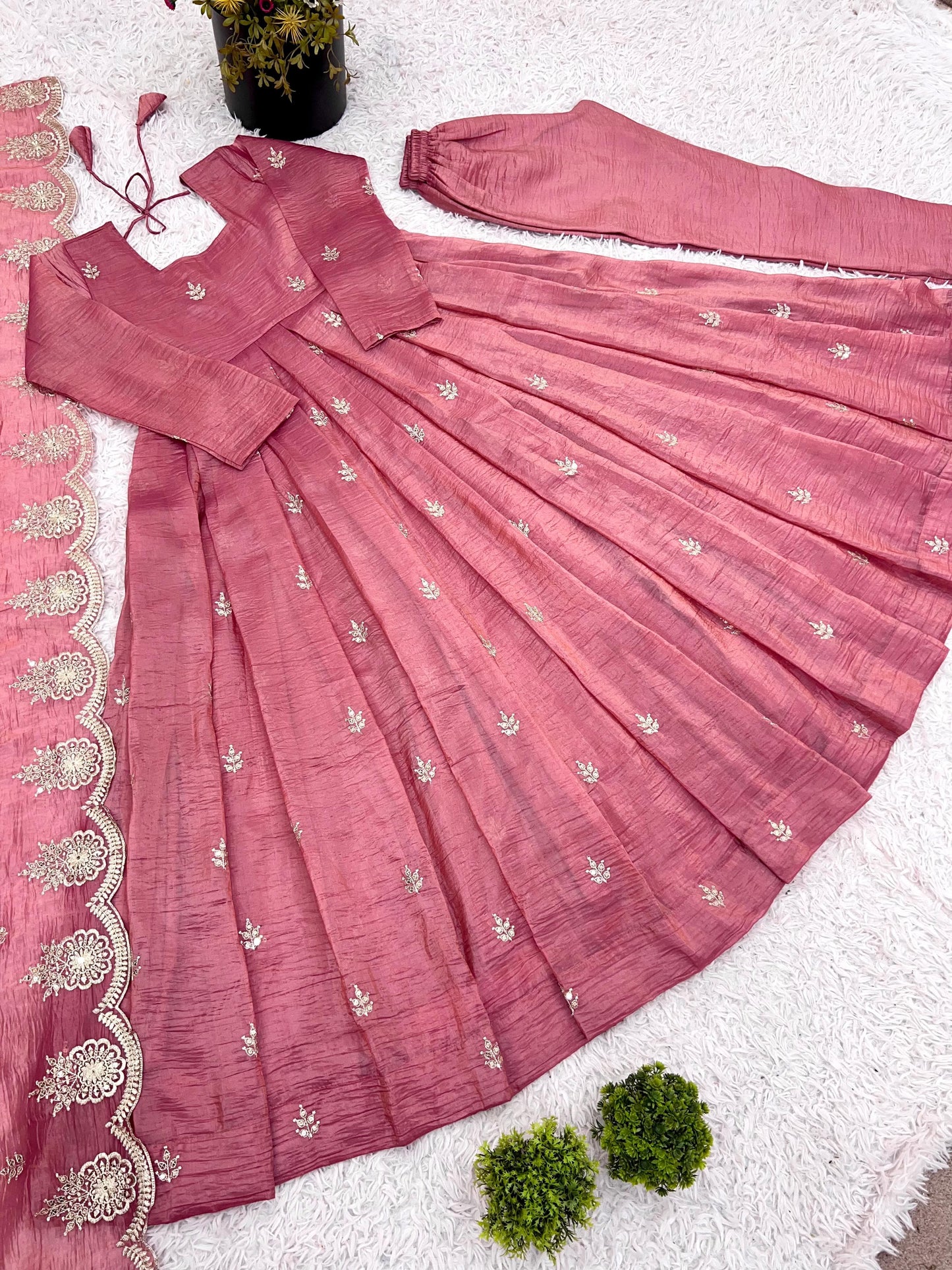 "Aarzu" β Elegant Ethnic Gown Ensemble with Heavy Sequence Embroidery with Border