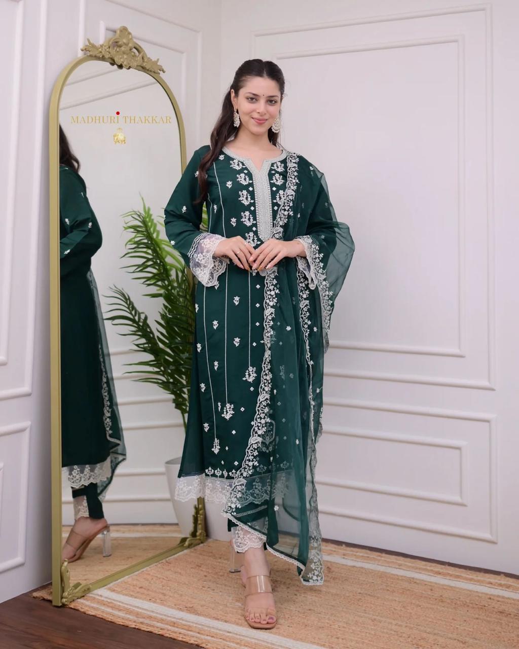 Exclusive Deep Green Cotton Embroidered Suit Set