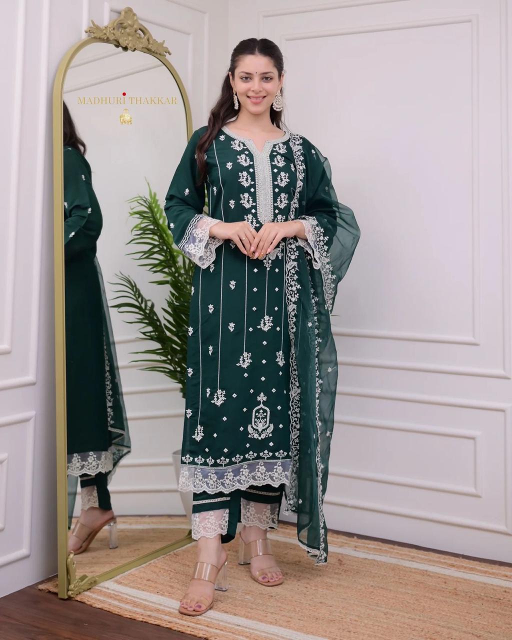 Exclusive Deep Green Cotton Embroidered Suit Set