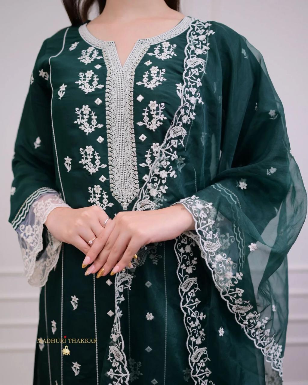 Exclusive Deep Green Cotton Embroidered Suit Set