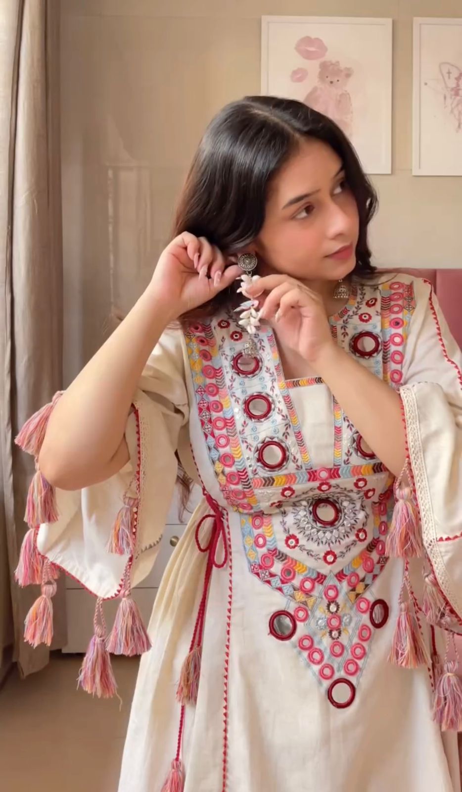 Women Ethnic Motif Embroiderd Regular Mirror Work Pure Cotton Kurta with Palazzos