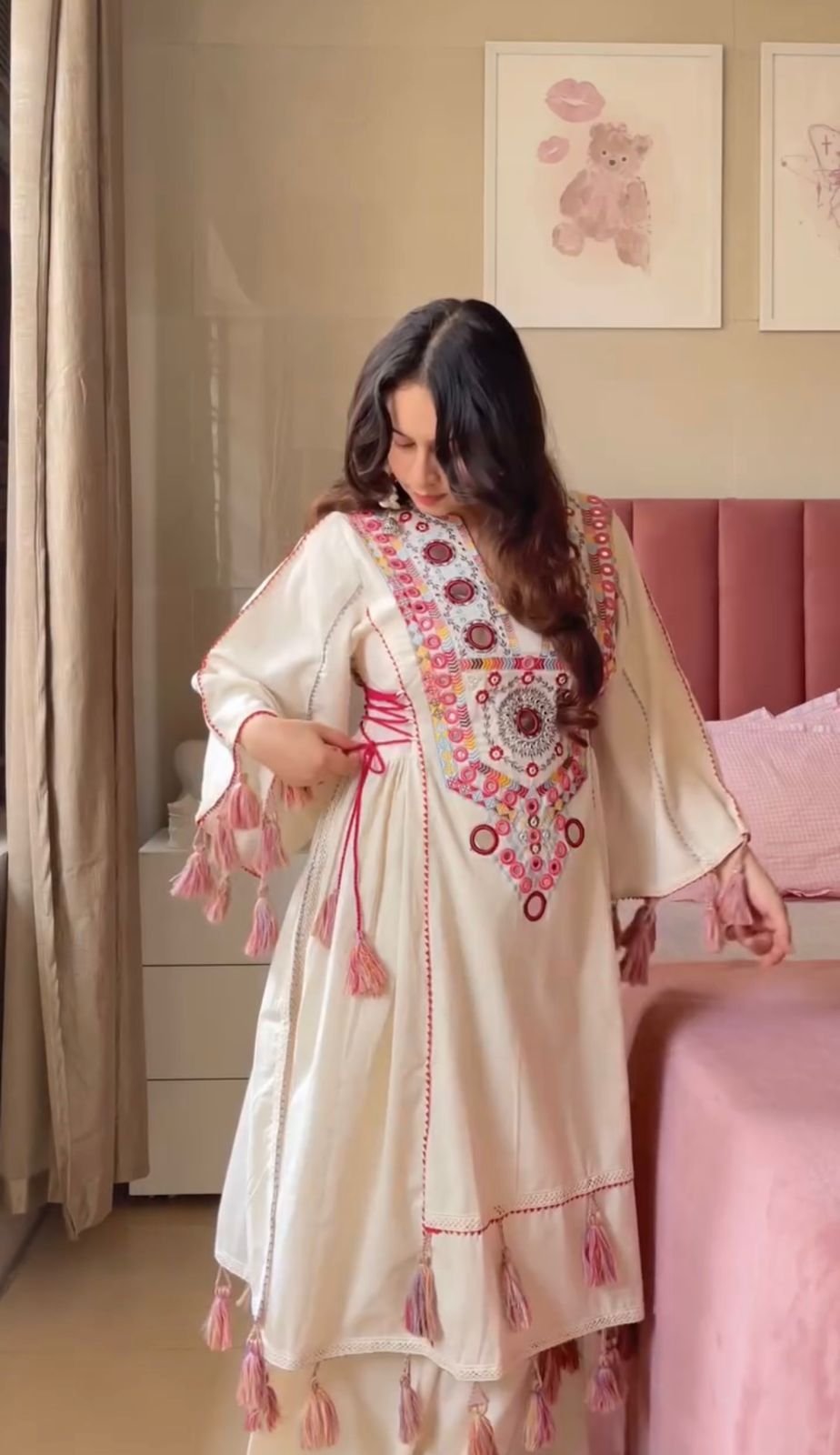 Women Ethnic Motif Embroiderd Regular Mirror Work Pure Cotton Kurta with Palazzos