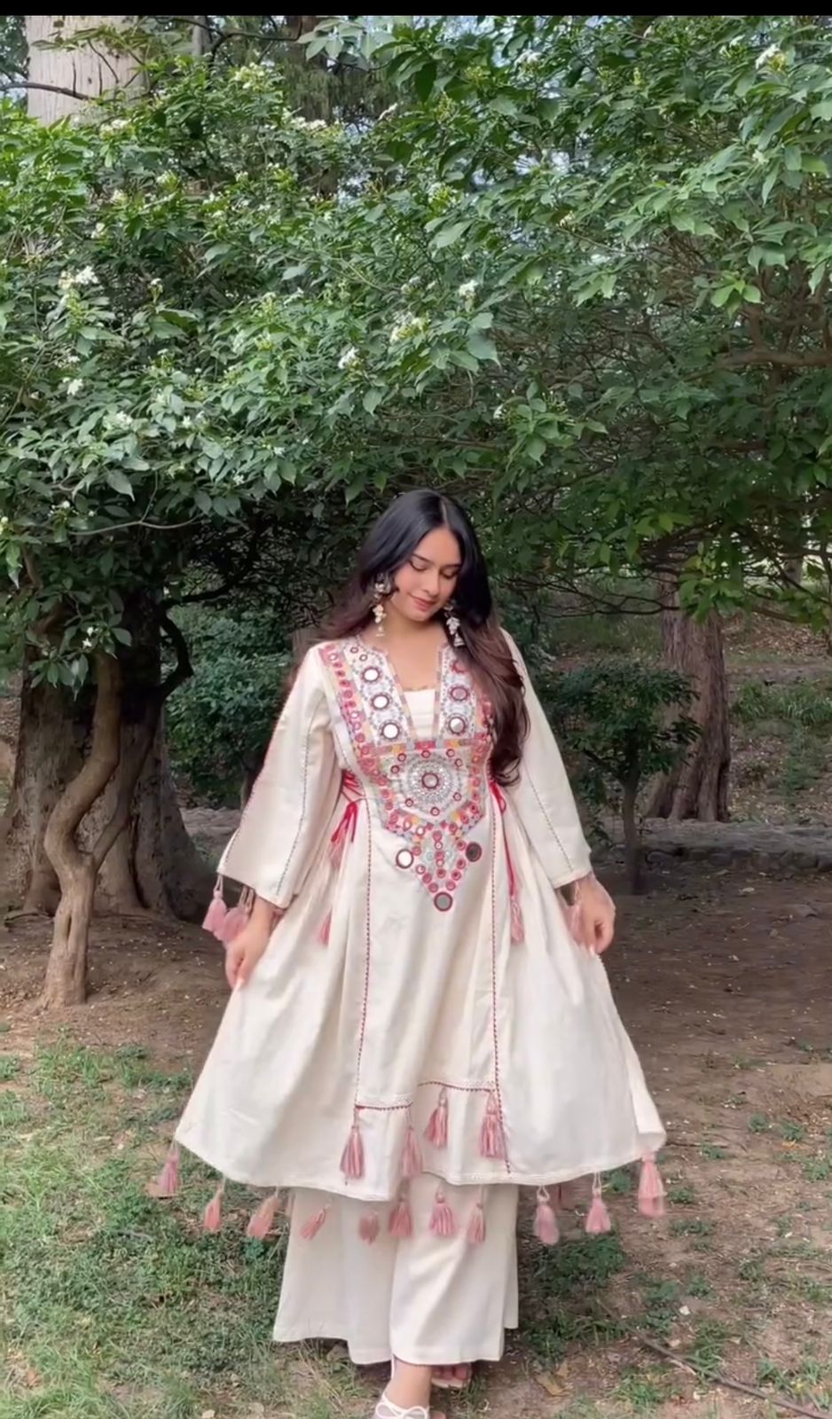 Women Ethnic Motif Embroiderd Regular Mirror Work Pure Cotton Kurta with Palazzos