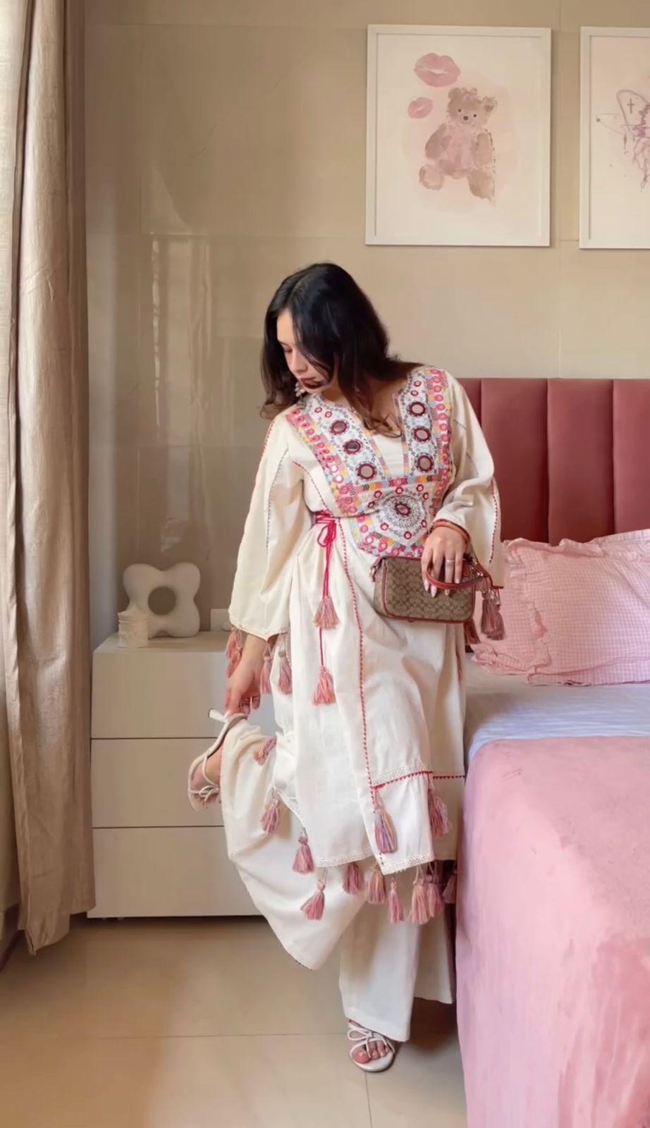 Women Ethnic Motif Embroiderd Regular Mirror Work Pure Cotton Kurta with Palazzos