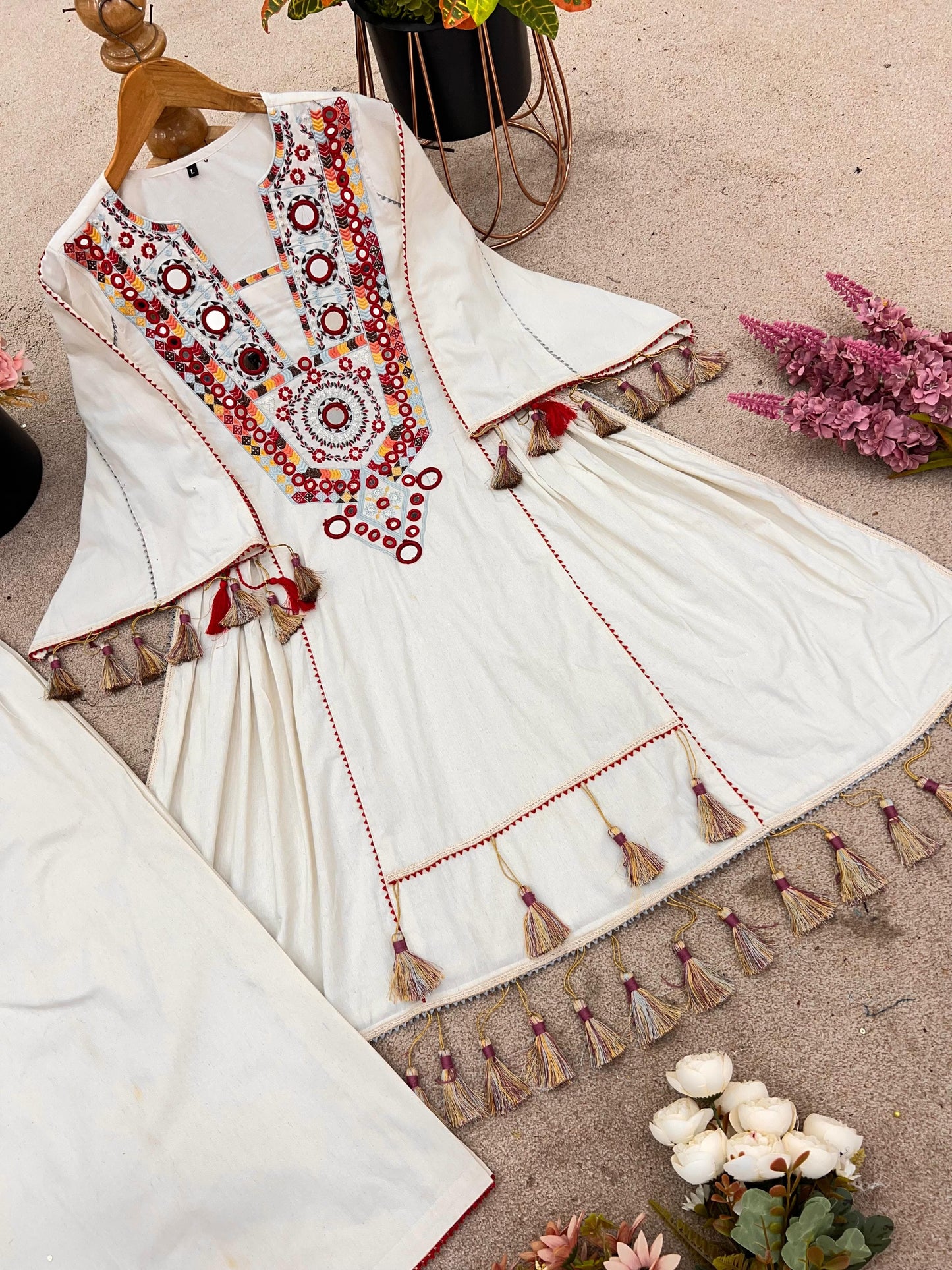 Women Ethnic Motif Embroiderd Regular Mirror Work Pure Cotton Kurta with Palazzos