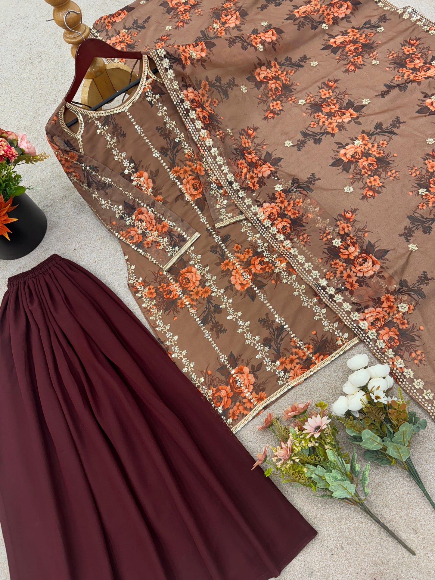 Nooré Festive Glow – Embroidered Top-Plazzo-Dupatta Set