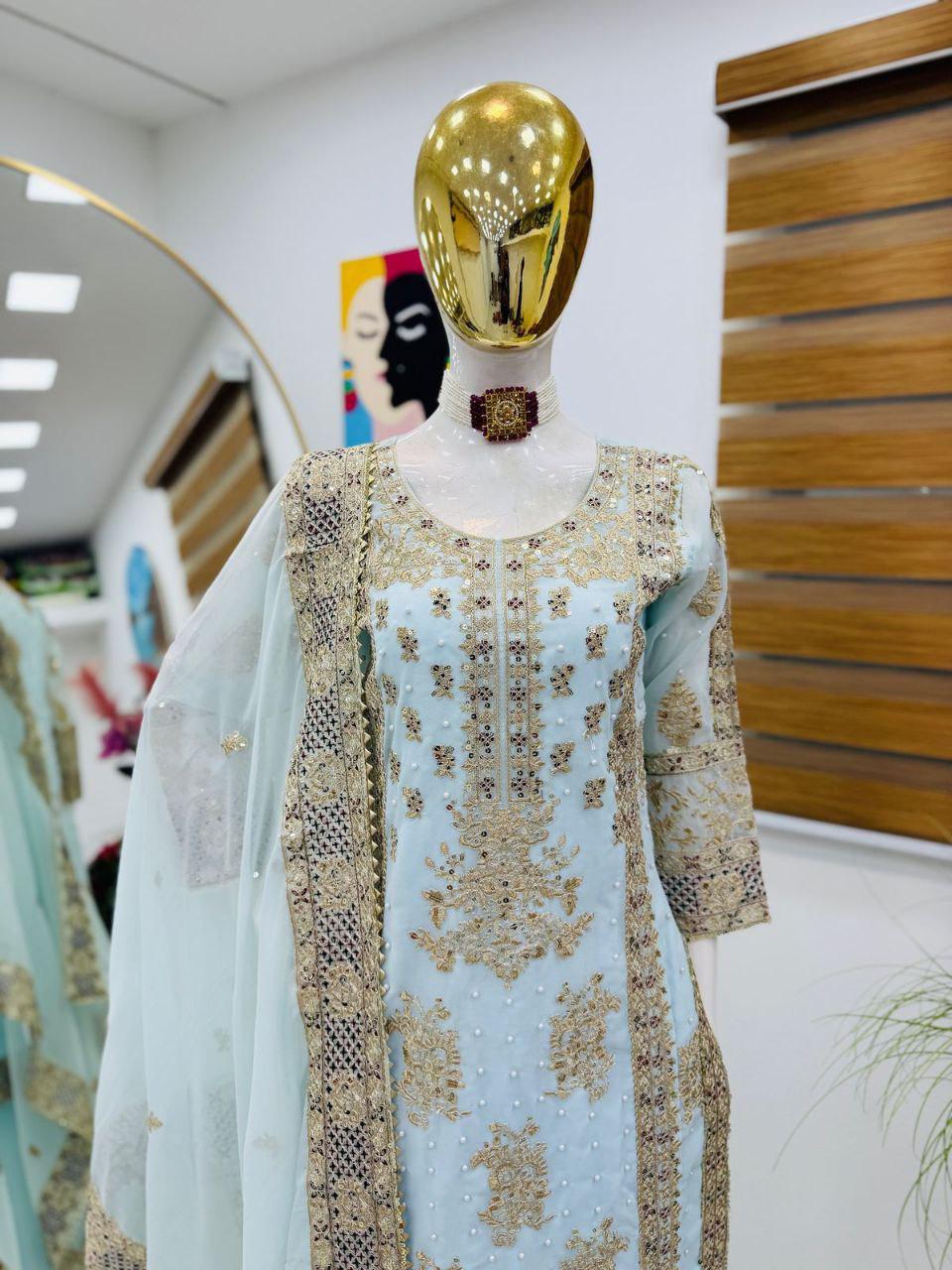 Royale Gleam β Designer Partywear Top, Sharara & Dupatta Set
