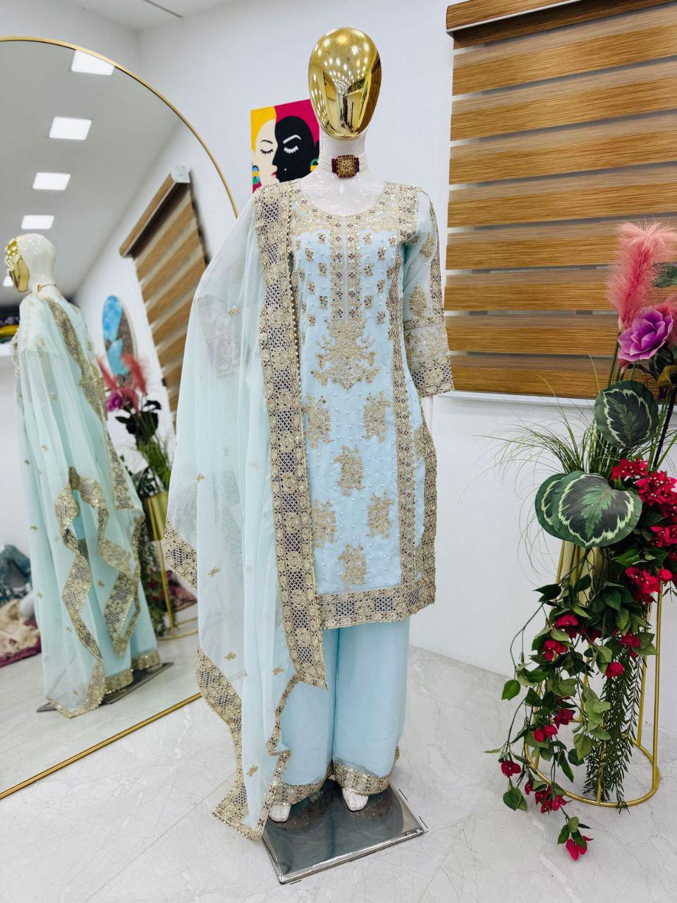 Royale Gleam β Designer Partywear Top, Sharara & Dupatta Set