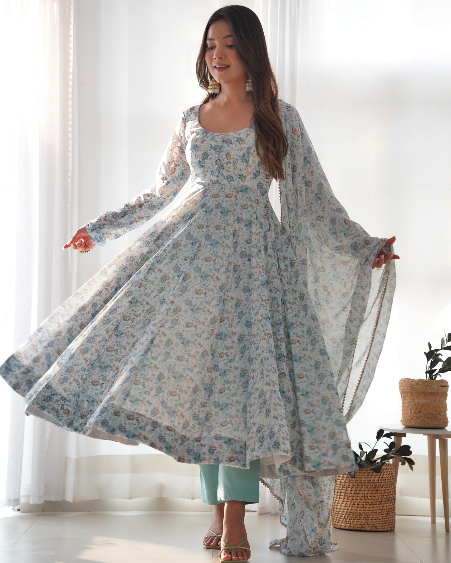 "Blue Mist Floral Anarkali Ensemble"