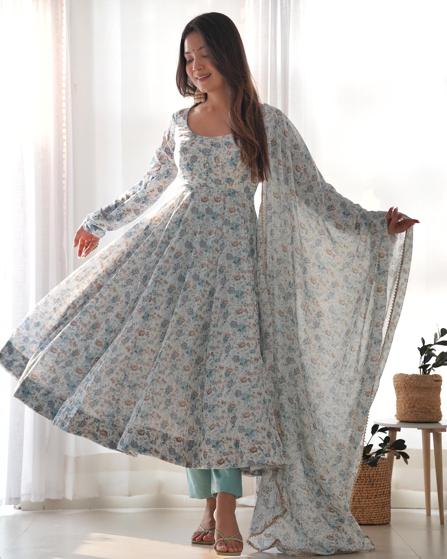"Blue Mist Floral Anarkali Ensemble"