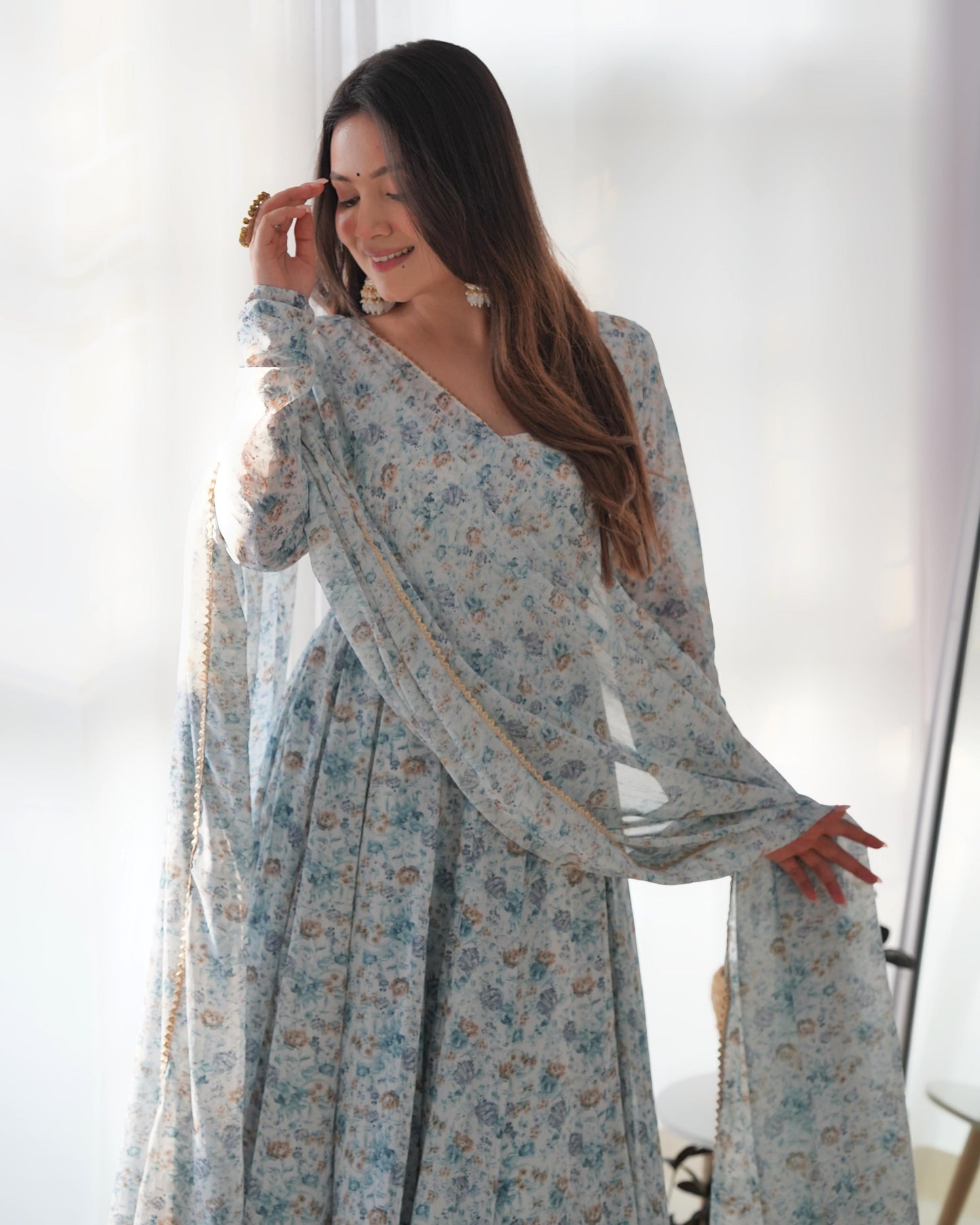 "Blue Mist Floral Anarkali Ensemble"