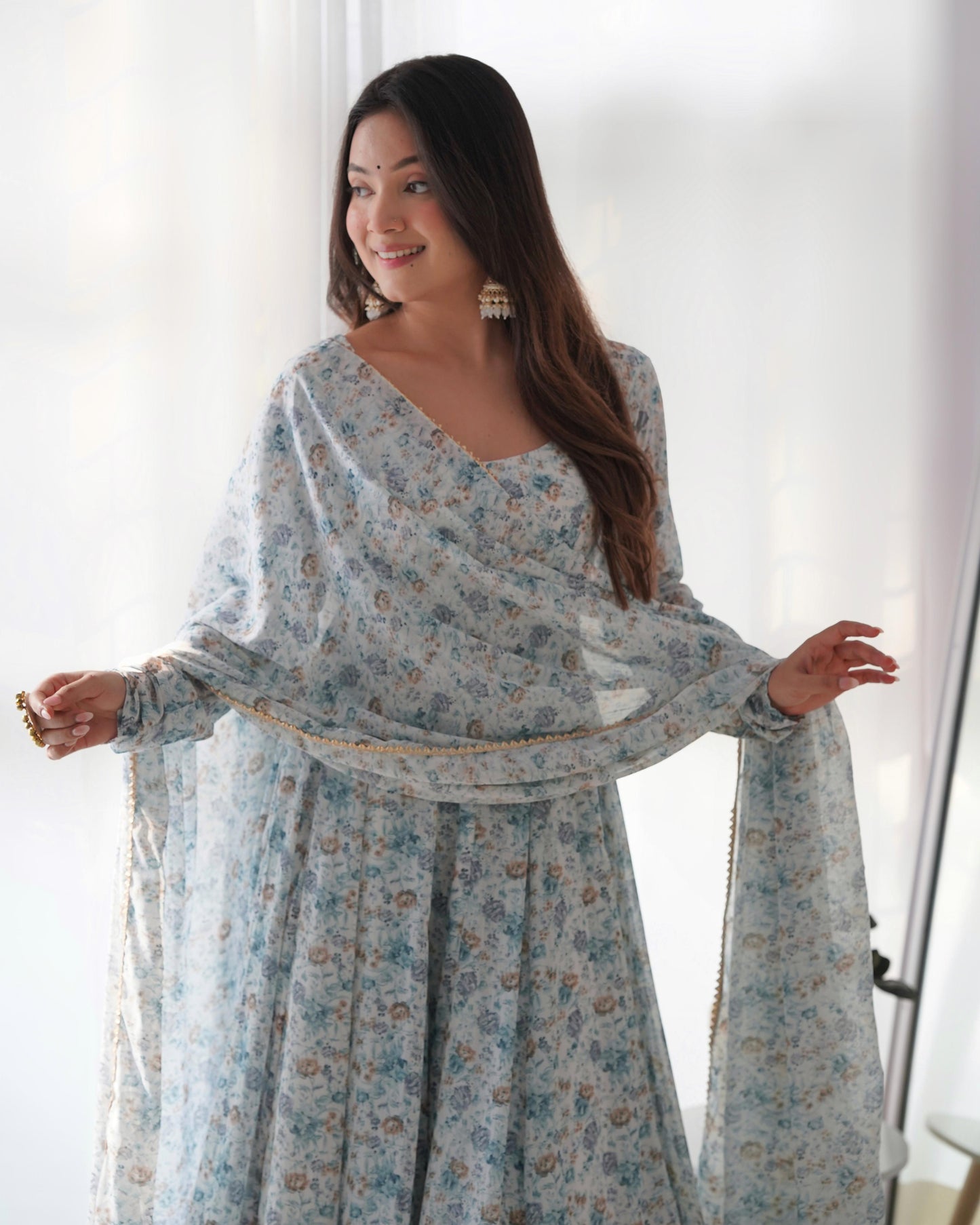 "Blue Mist Floral Anarkali Ensemble"