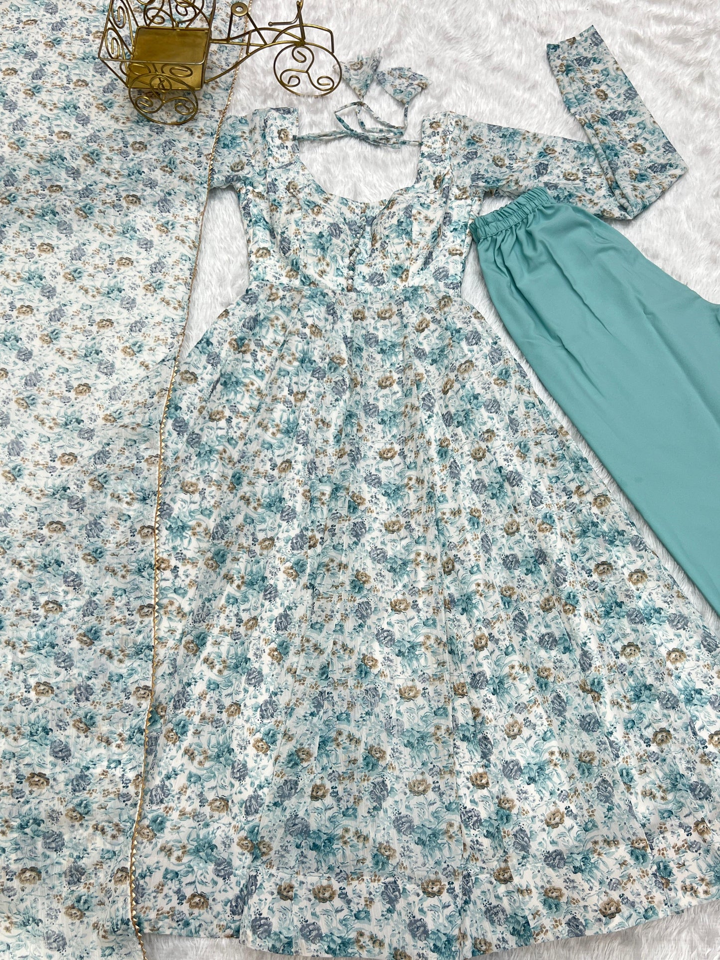 "Blue Mist Floral Anarkali Ensemble"
