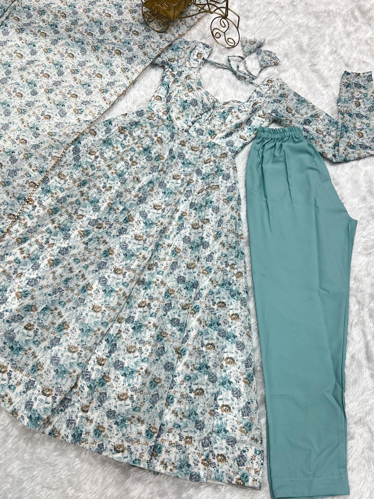 "Blue Mist Floral Anarkali Ensemble"