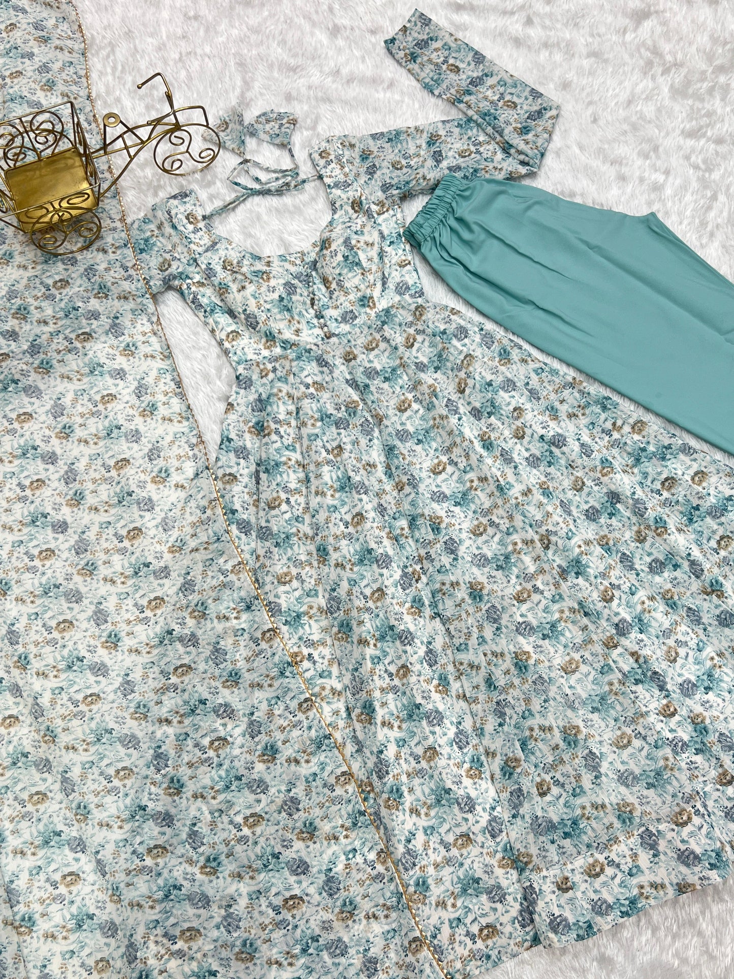 "Blue Mist Floral Anarkali Ensemble"