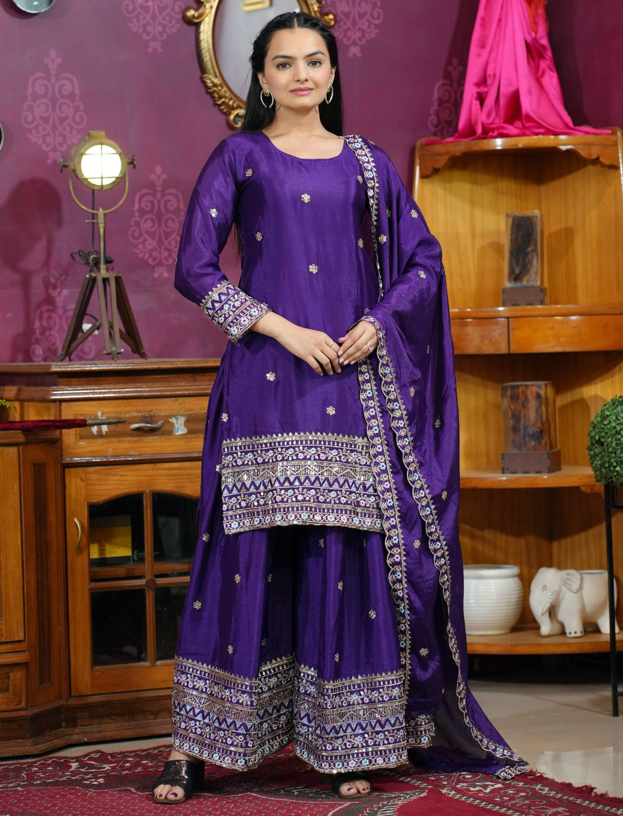 Rakhi Edition ā FE-84 Designer Chinon Sharara Set with Heavy Embroidery