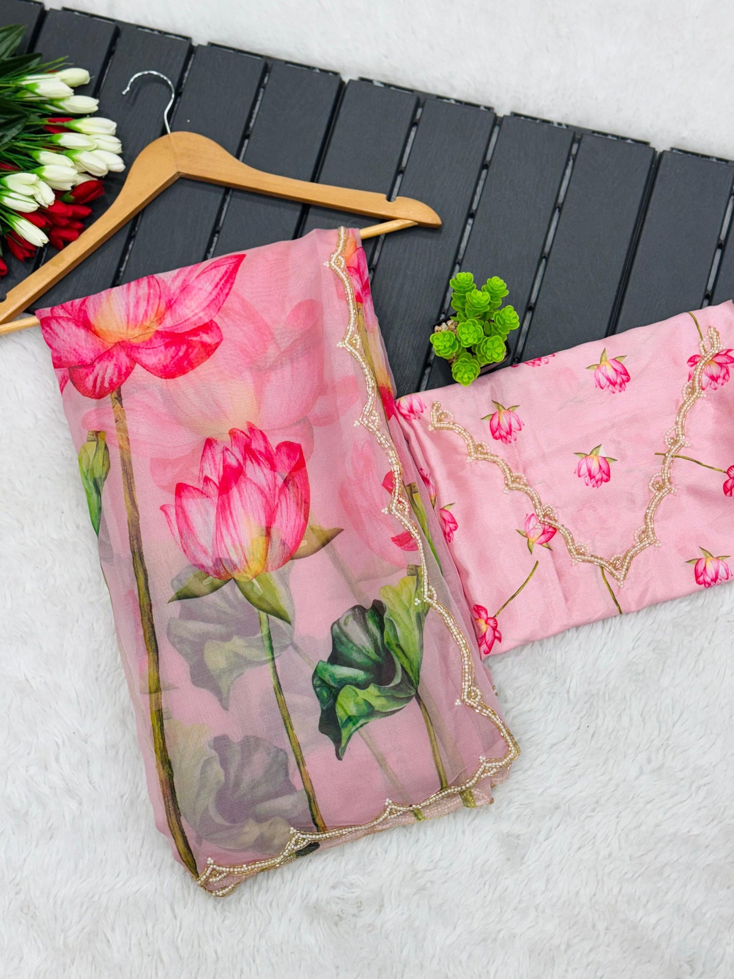 "Flower Rani Handcrafted Soft Organza Saree with Unstitched Blouse"