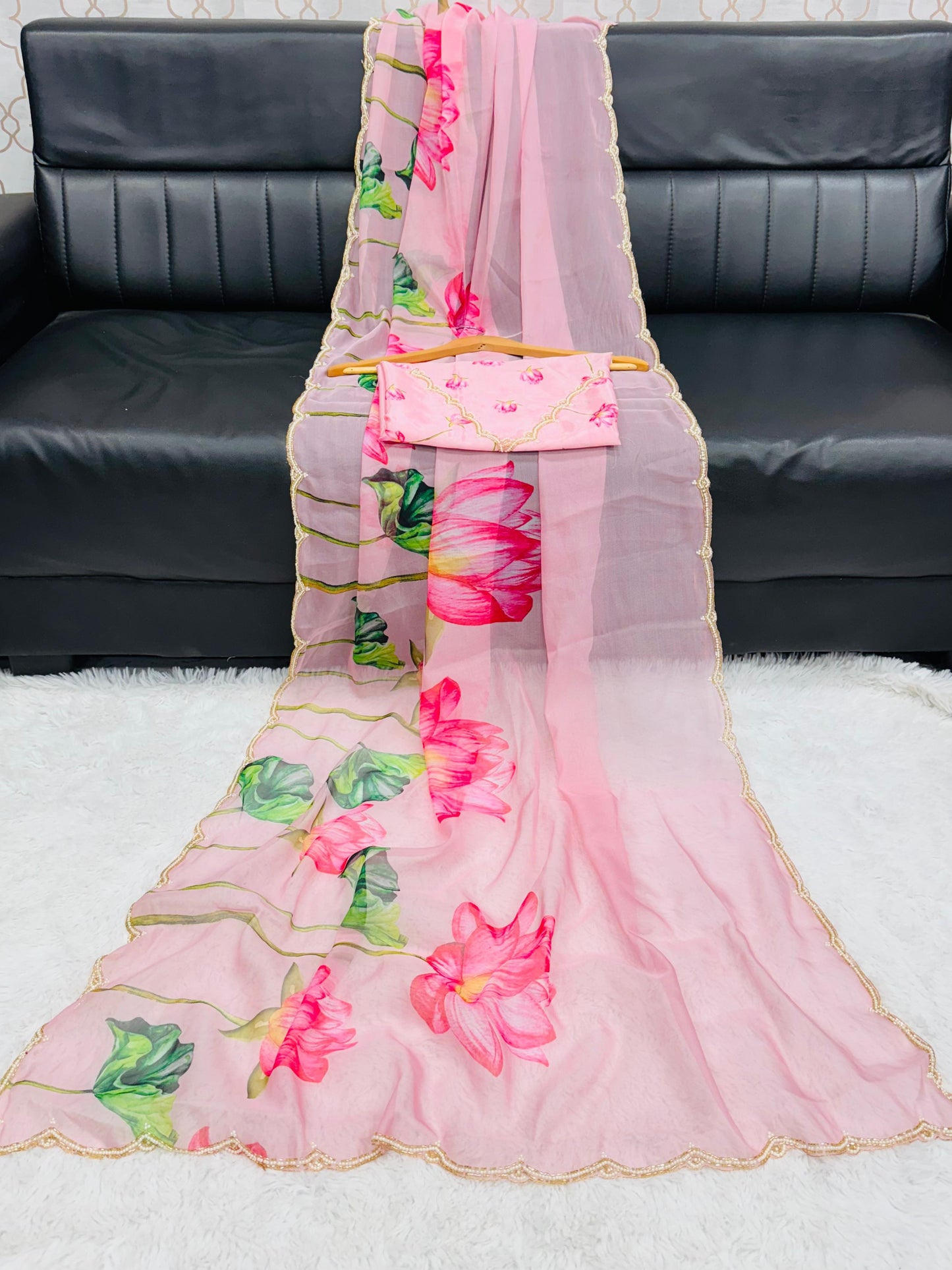 "Flower Rani Handcrafted Soft Organza Saree with Unstitched Blouse"