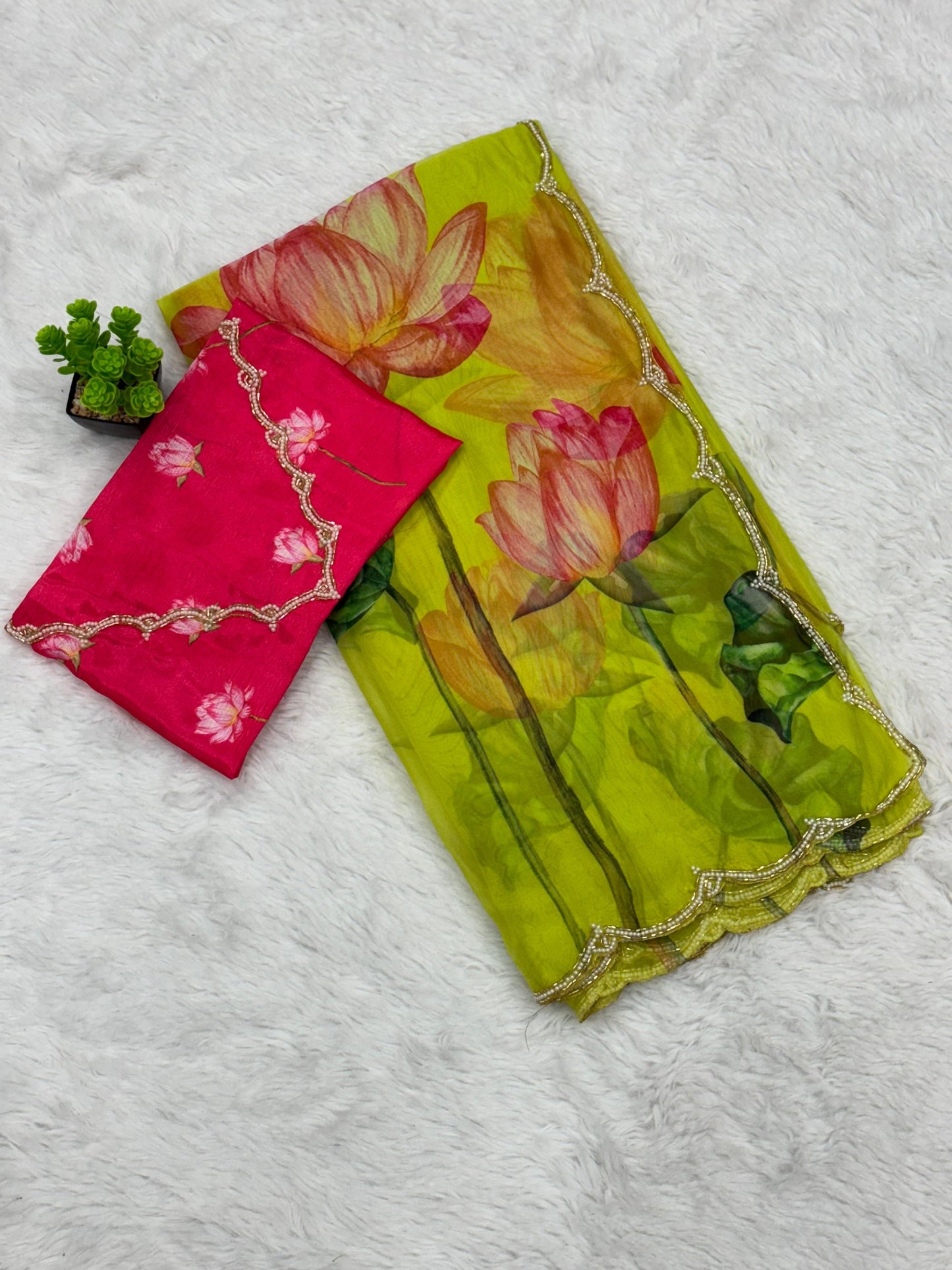 "Flower Rani Handcrafted Soft Organza Saree with Unstitched Blouse"