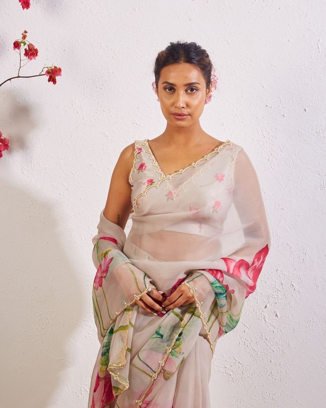 "Flower Rani Handcrafted Soft Organza Saree with Unstitched Blouse"