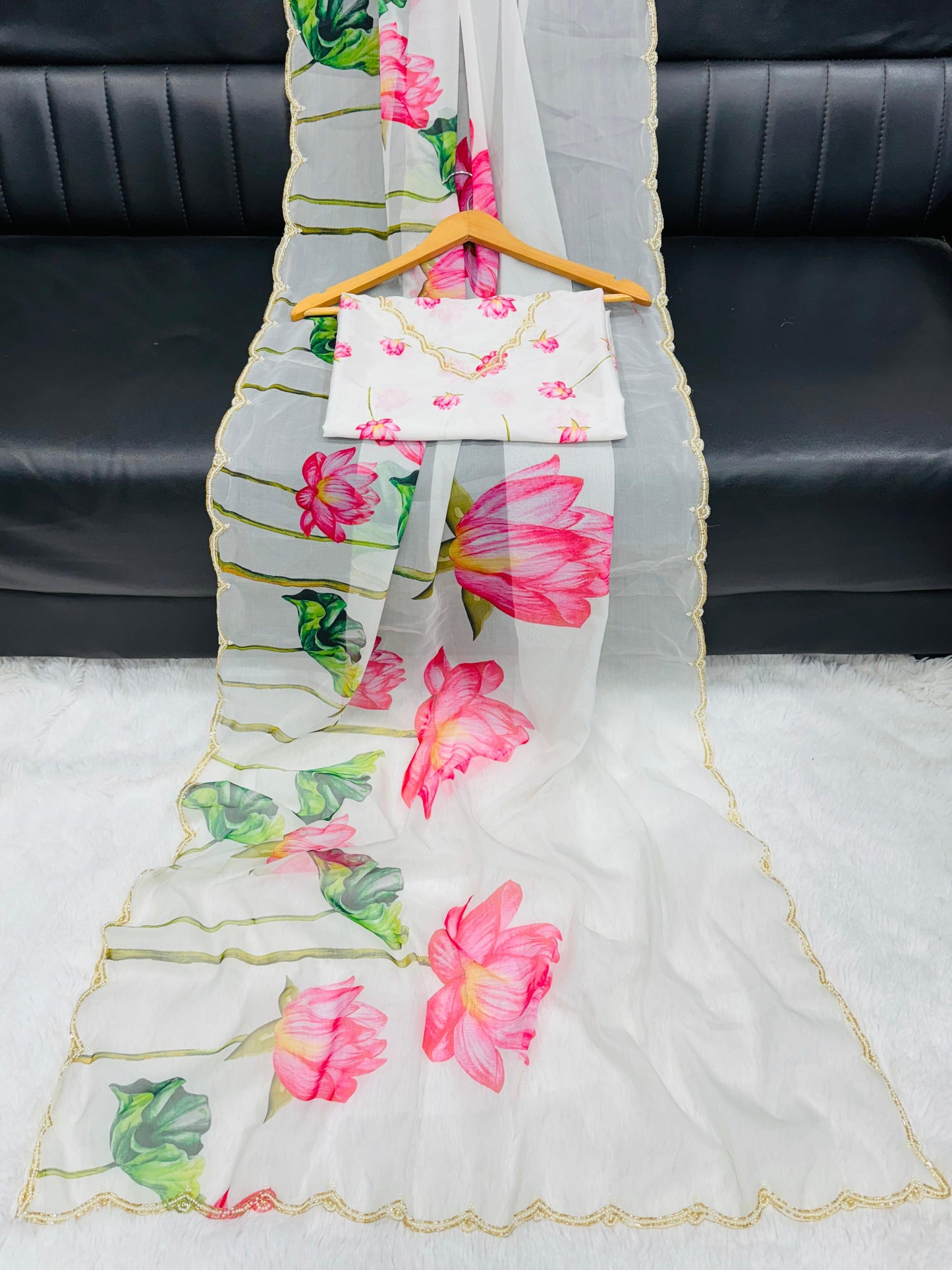 "Flower Rani Handcrafted Soft Organza Saree with Unstitched Blouse"