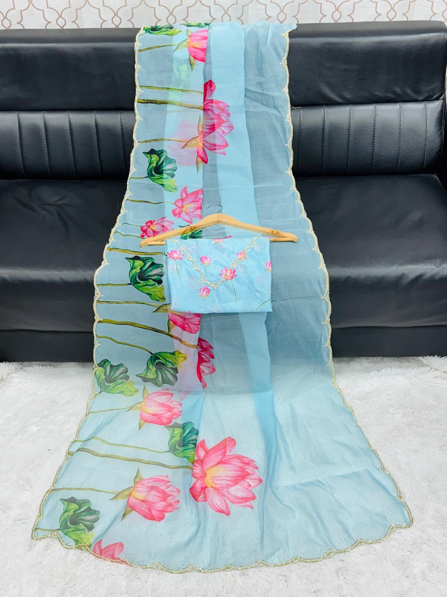 "Flower Rani Handcrafted Soft Organza Saree with Unstitched Blouse"