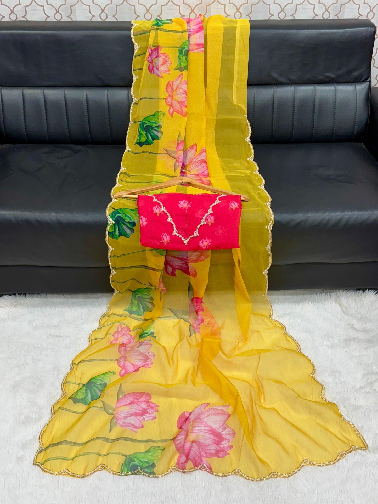 "Flower Rani Handcrafted Soft Organza Saree with Unstitched Blouse"