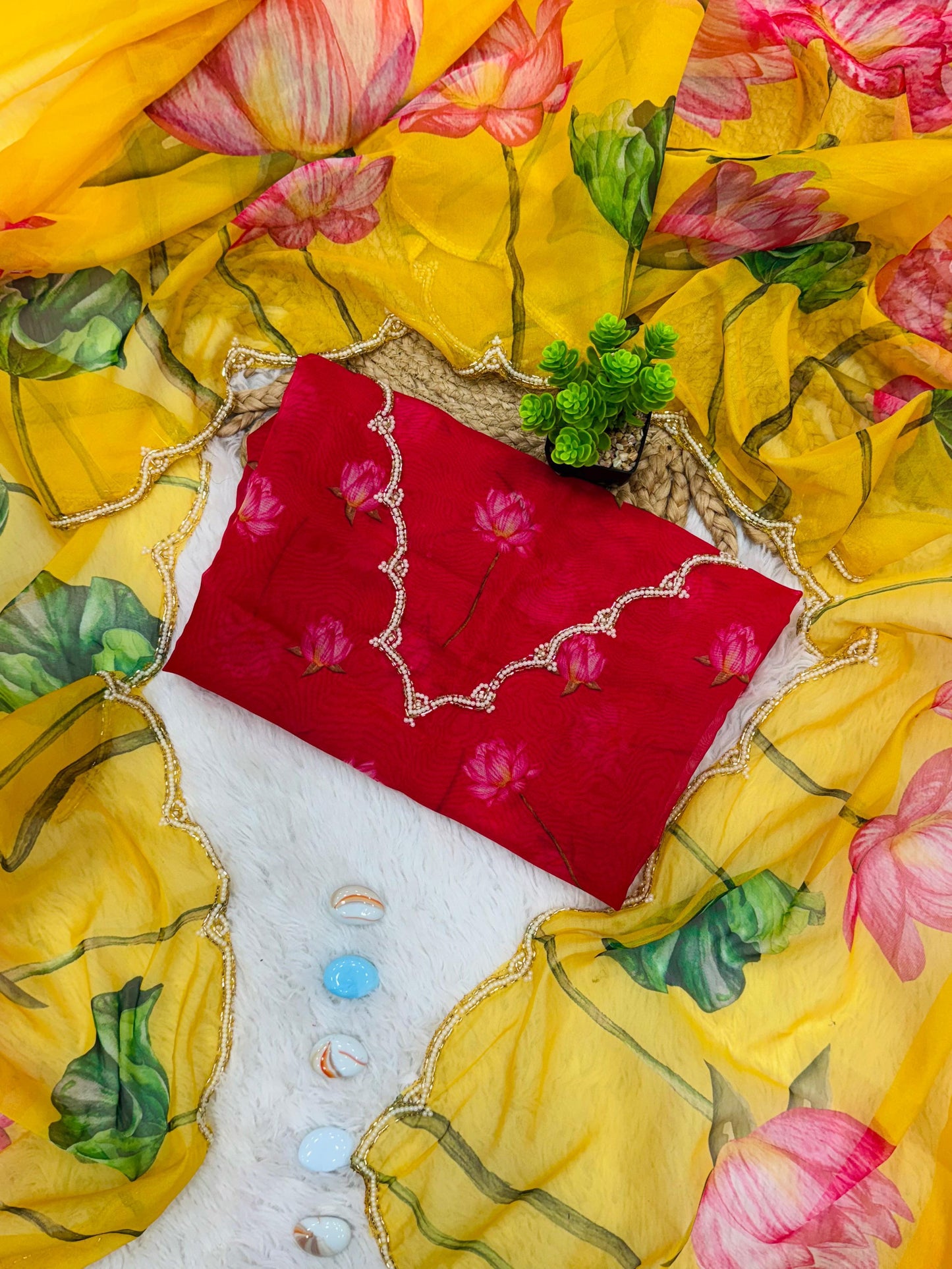 "Flower Rani Handcrafted Soft Organza Saree with Unstitched Blouse"