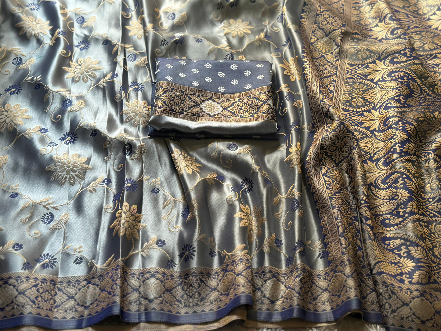 "Royal Bloom Two-Tone Satin Zari Weaving Saree with Butti Blouse"