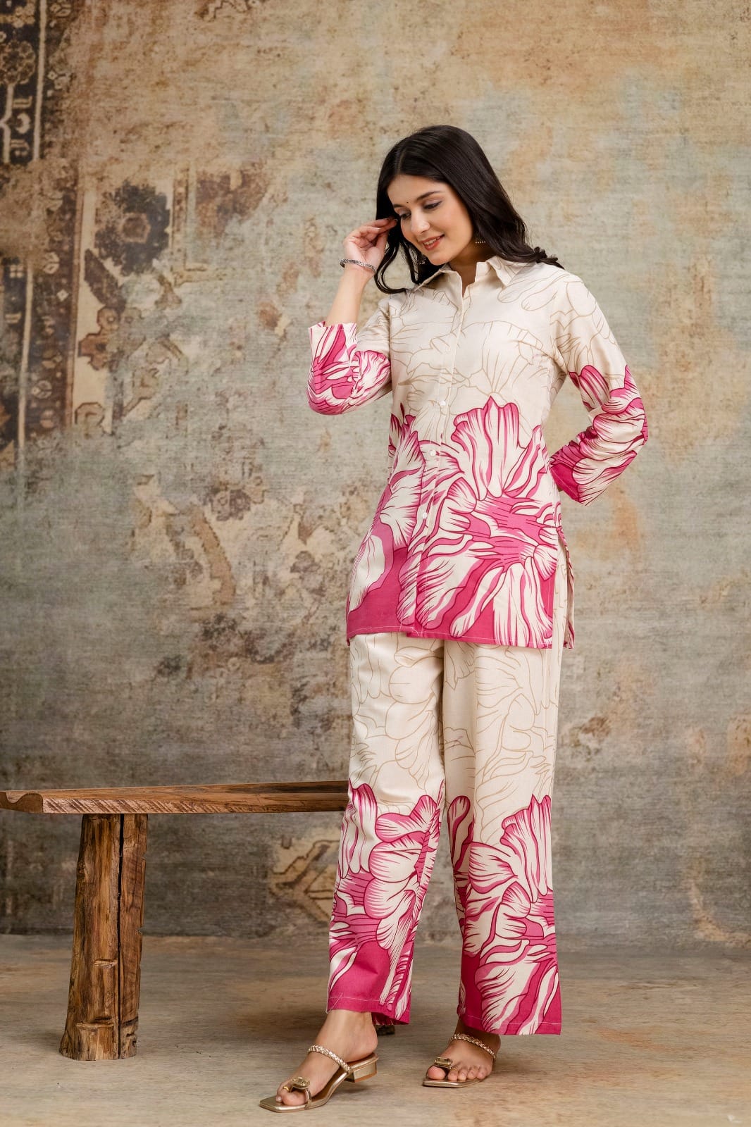 Pink Classy Cotton Floral Printed Coord Set ๐