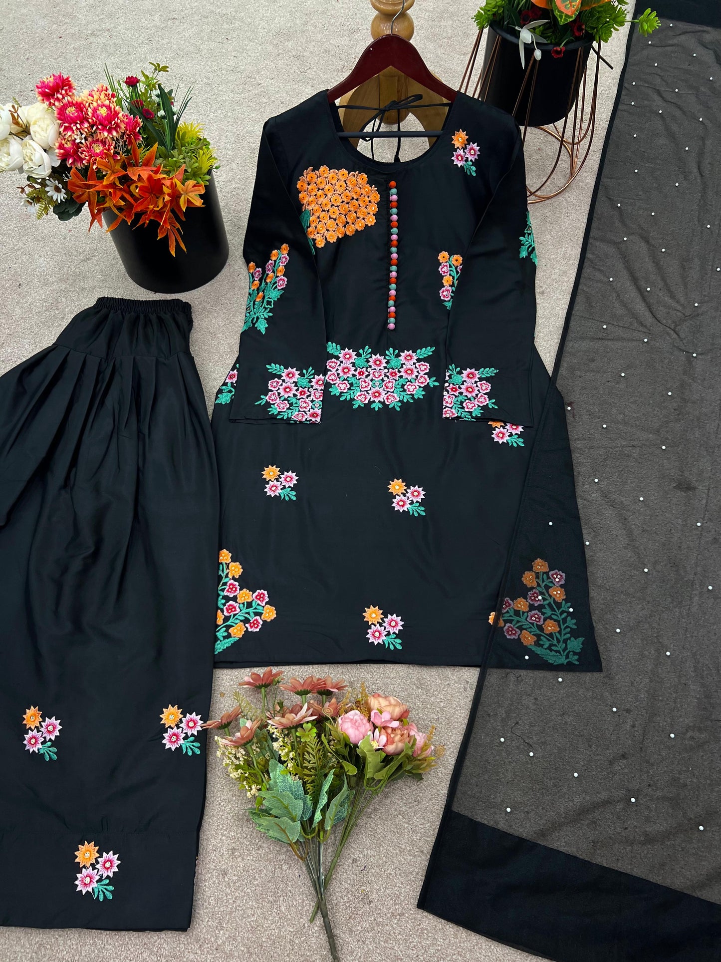 New Designer Natural Crepe Silk Embroidered Suit Set ✨