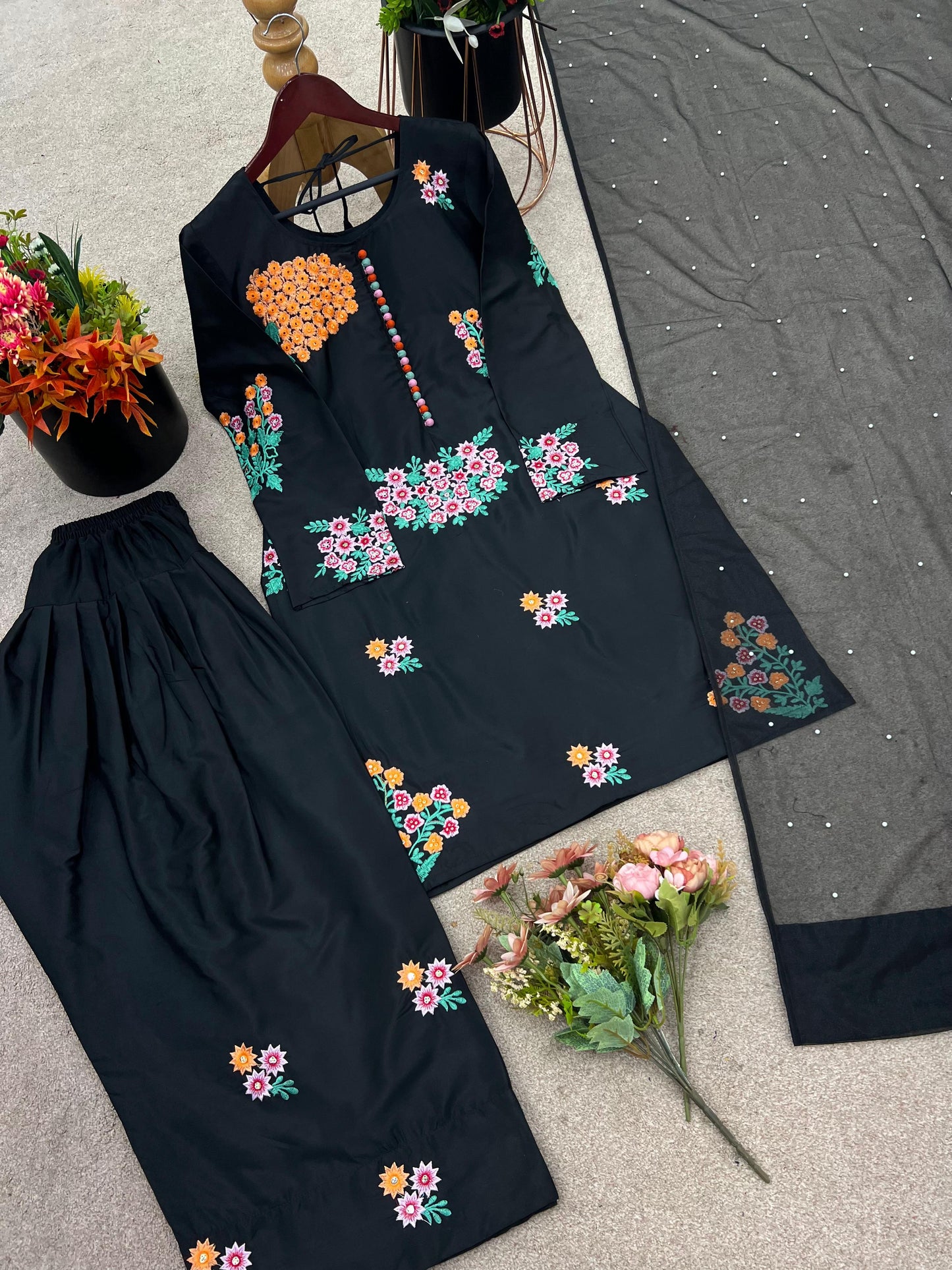 New Designer Natural Crepe Silk Embroidered Suit Set ✨