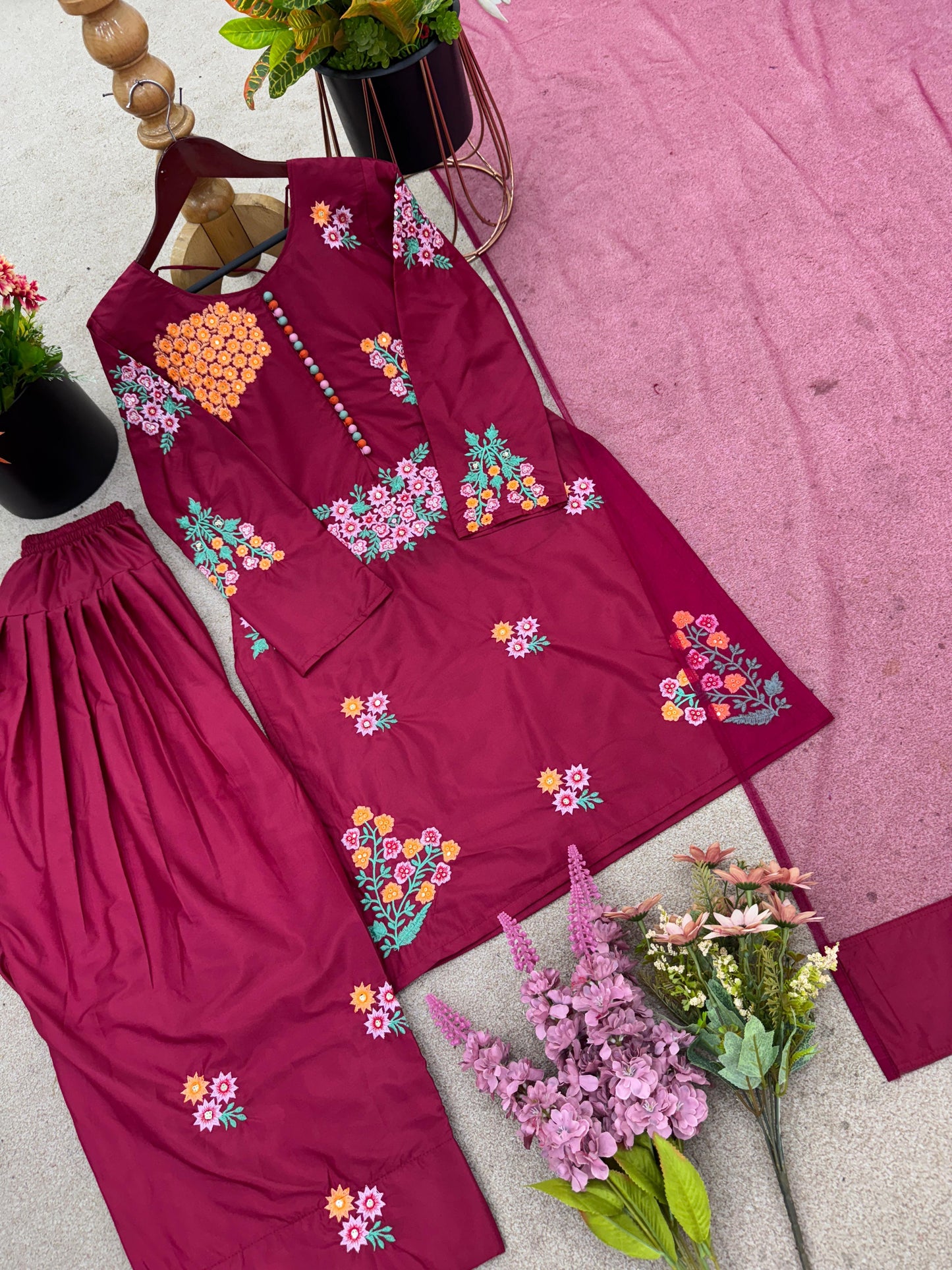 New Designer Natural Crepe Silk Embroidered Suit Set ✨