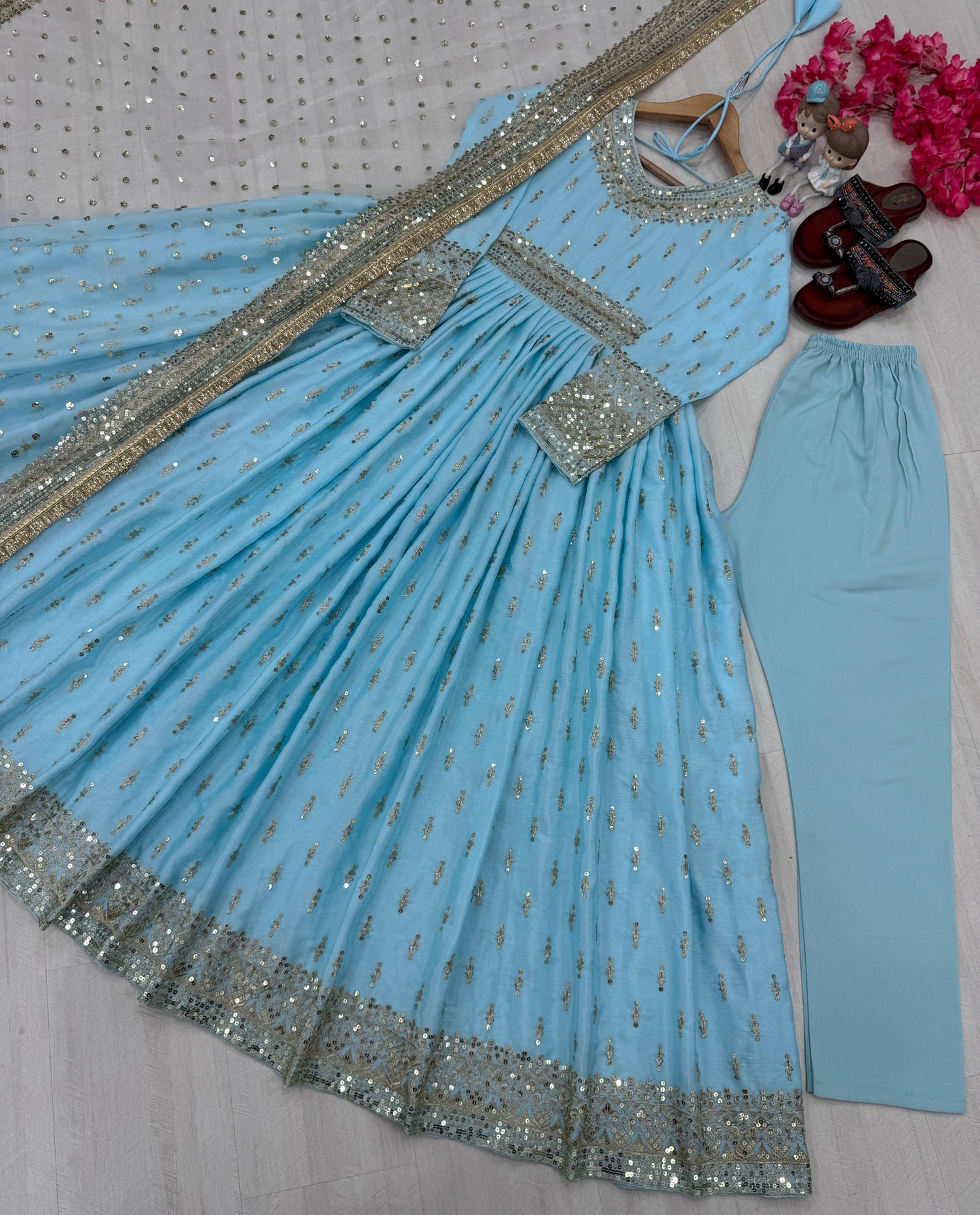 Chinon Silk Gown Set with Dupatta & Bottom ๐