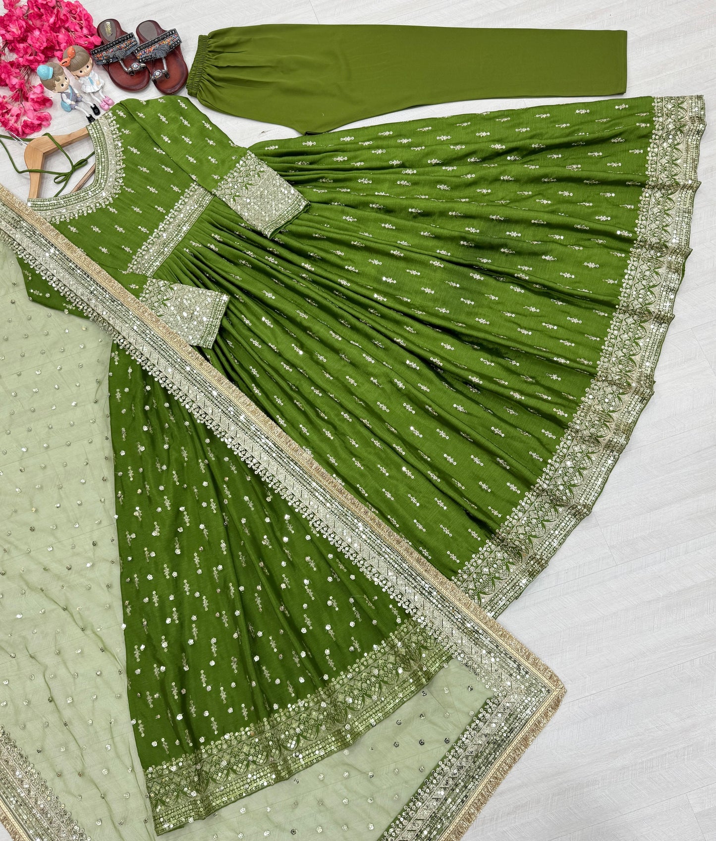 Chinon Silk Gown Set with Dupatta & Bottom ๐