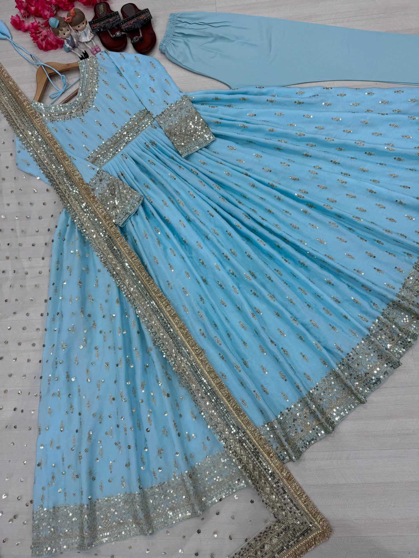 Chinon Silk Gown Set with Dupatta & Bottom ๐