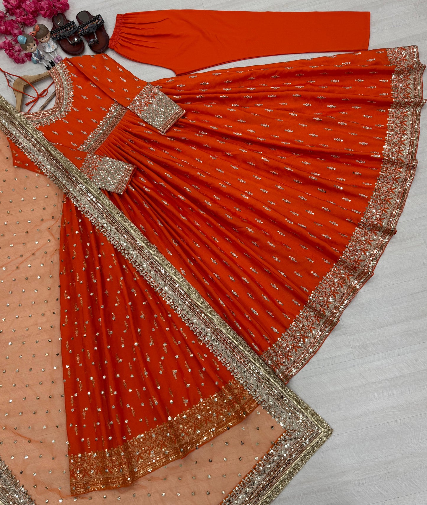 Chinon Silk Gown Set with Dupatta & Bottom ๐