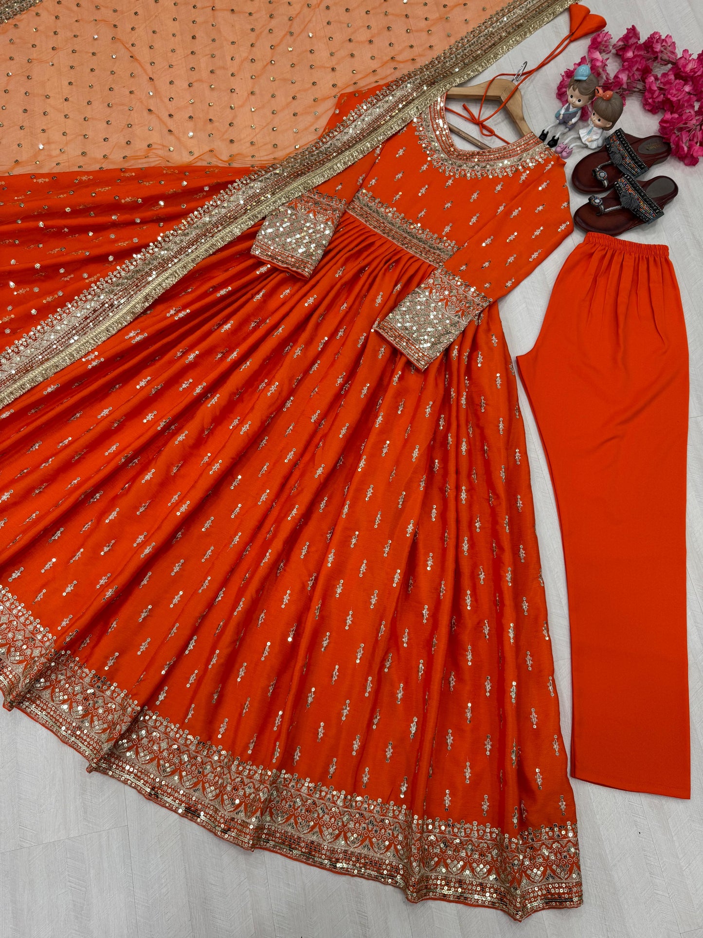 Chinon Silk Gown Set with Dupatta & Bottom ๐