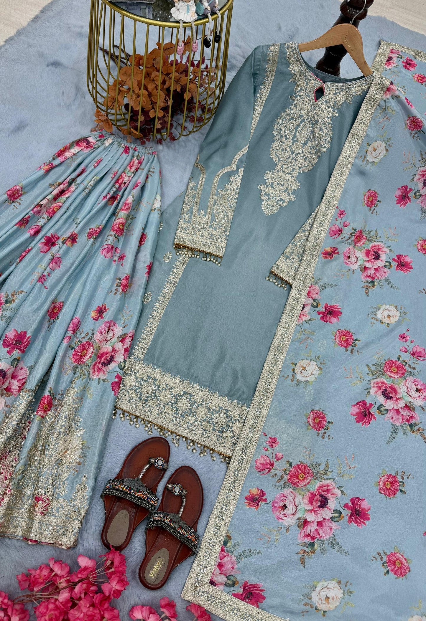 Premium Designer Chinon Silk Top, Plazzo & Dupatta Set ๐ซ