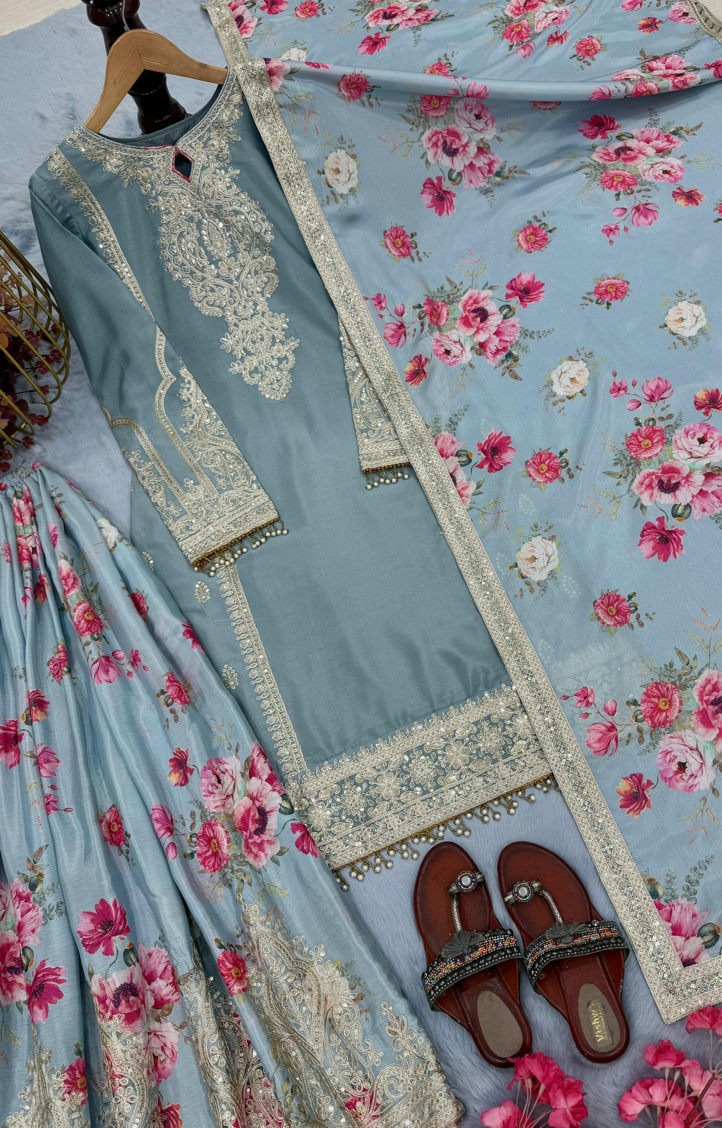 Premium Designer Chinon Silk Top, Plazzo & Dupatta Set ๐ซ