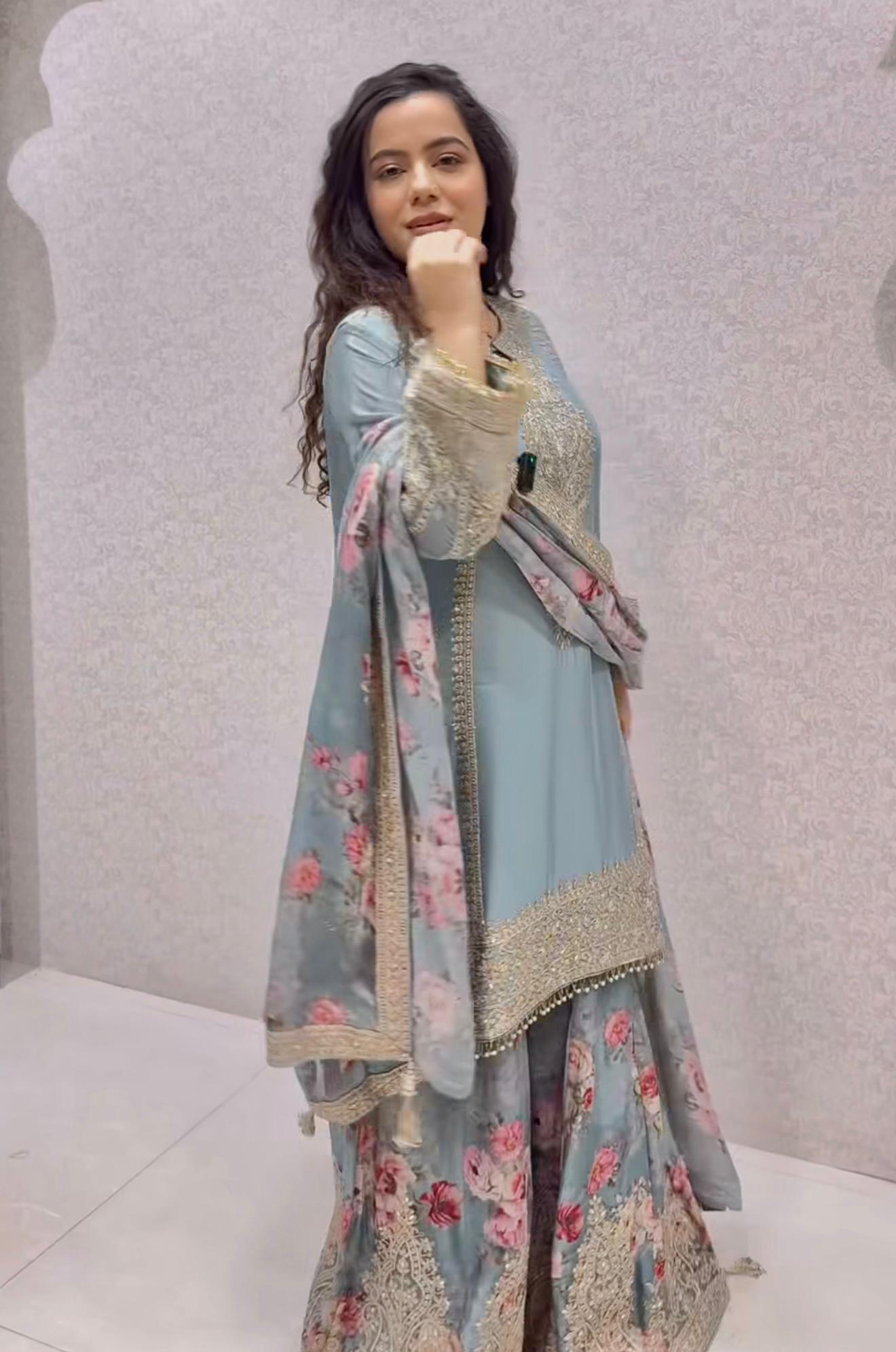 Premium Designer Chinon Silk Top, Plazzo & Dupatta Set ๐ซ