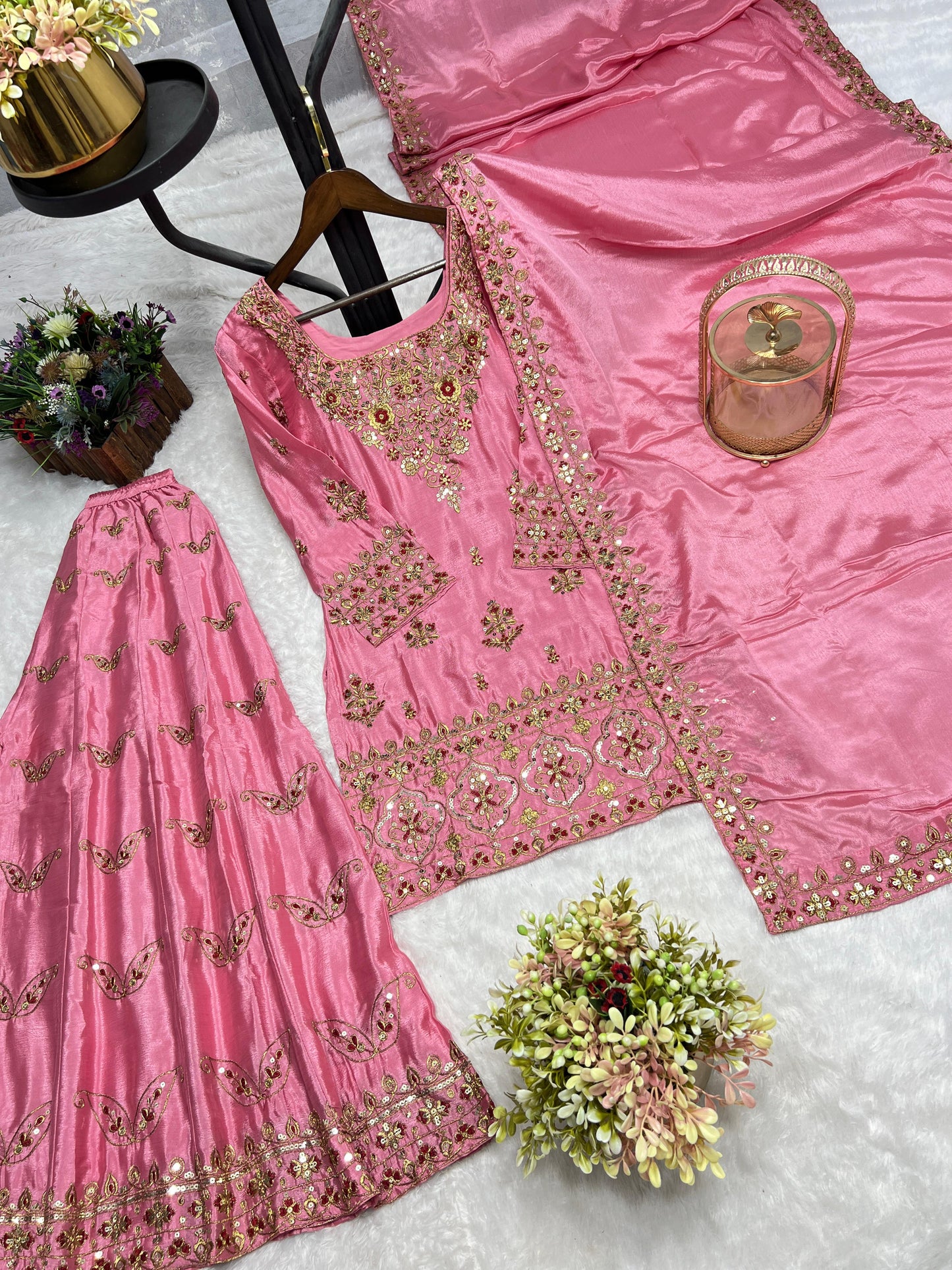 Premium Embroidered Chinon Silk Top-Plazzo-Dupatta Set"