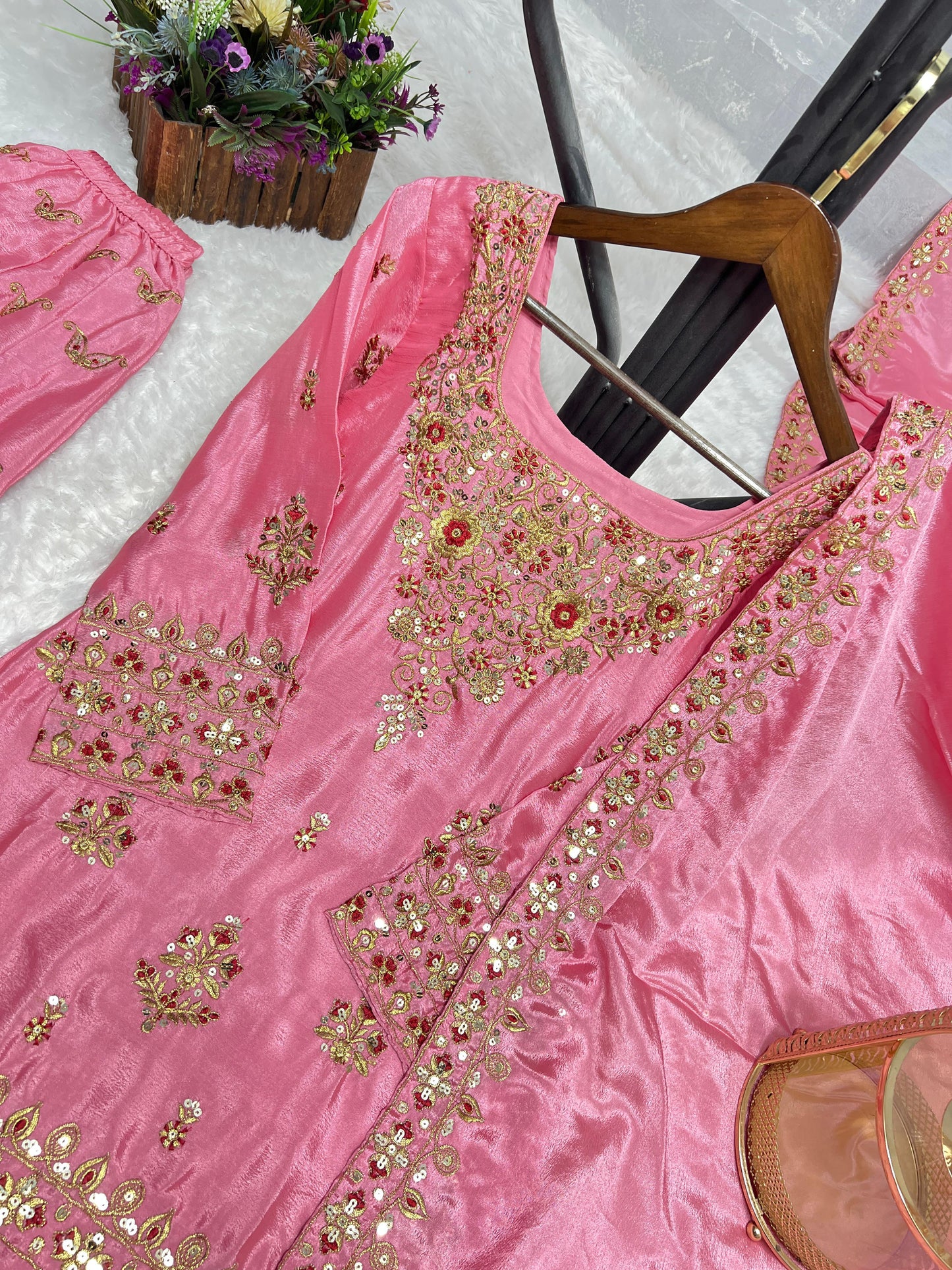 Premium Embroidered Chinon Silk Top-Plazzo-Dupatta Set"