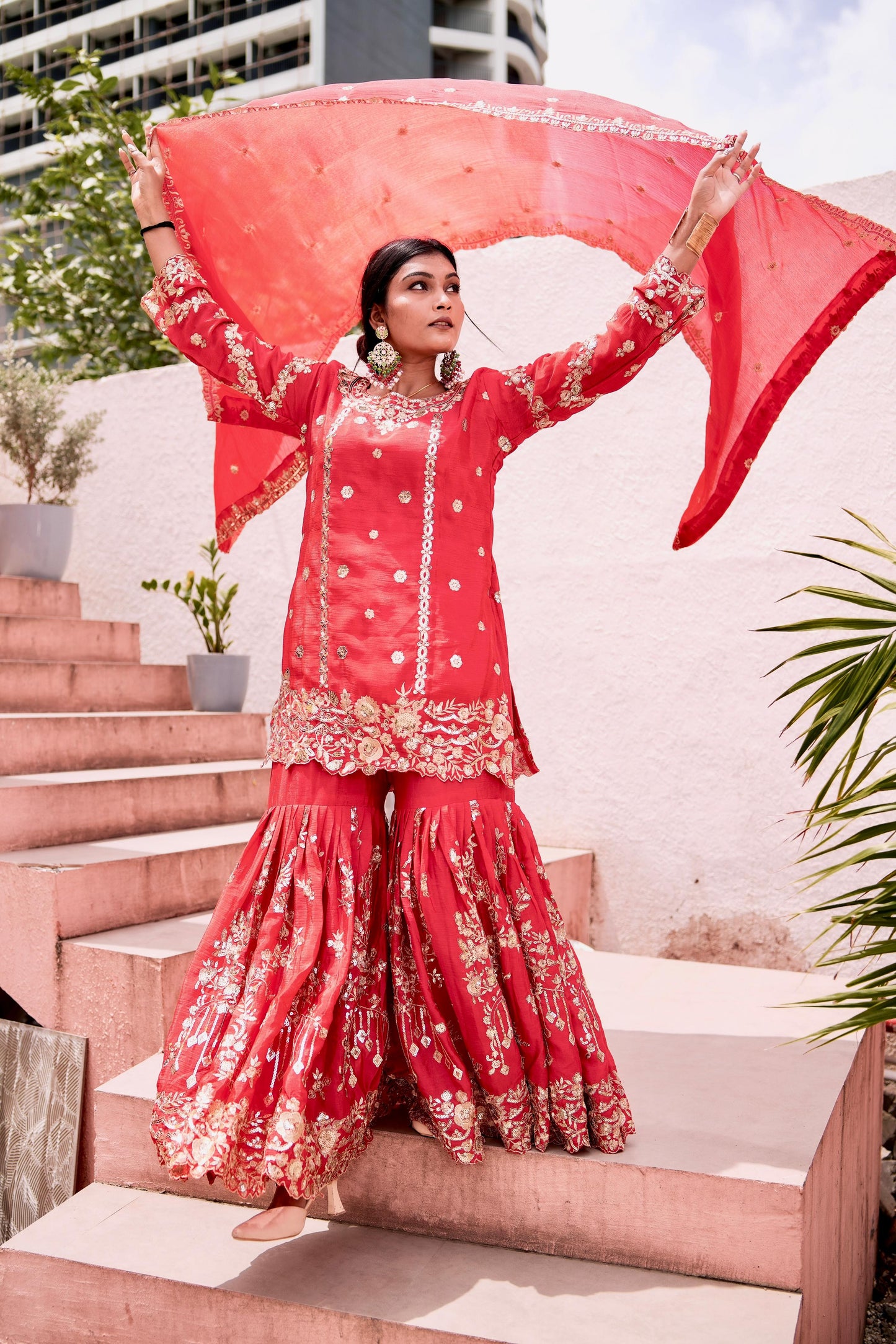 Premium Red Chinon Silk Embroidered Top-Sharara-Dupatta Set"