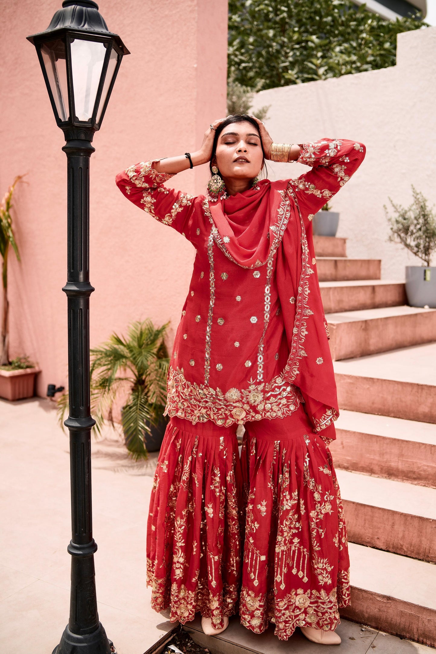 Premium Red Chinon Silk Embroidered Top-Sharara-Dupatta Set"