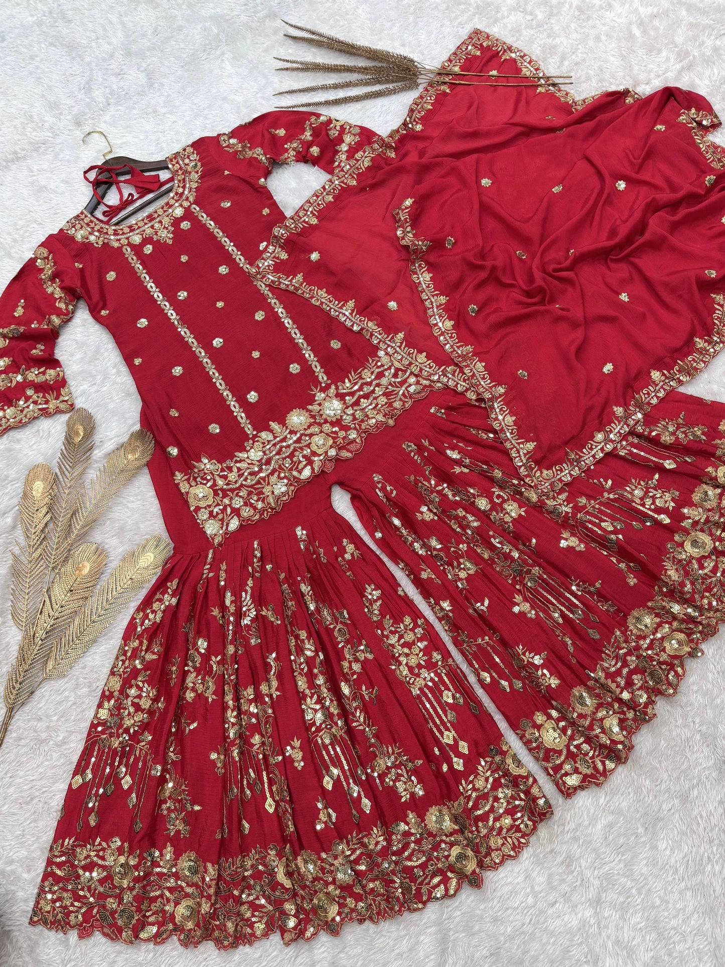 Premium Red Chinon Silk Embroidered Top-Sharara-Dupatta Set"
